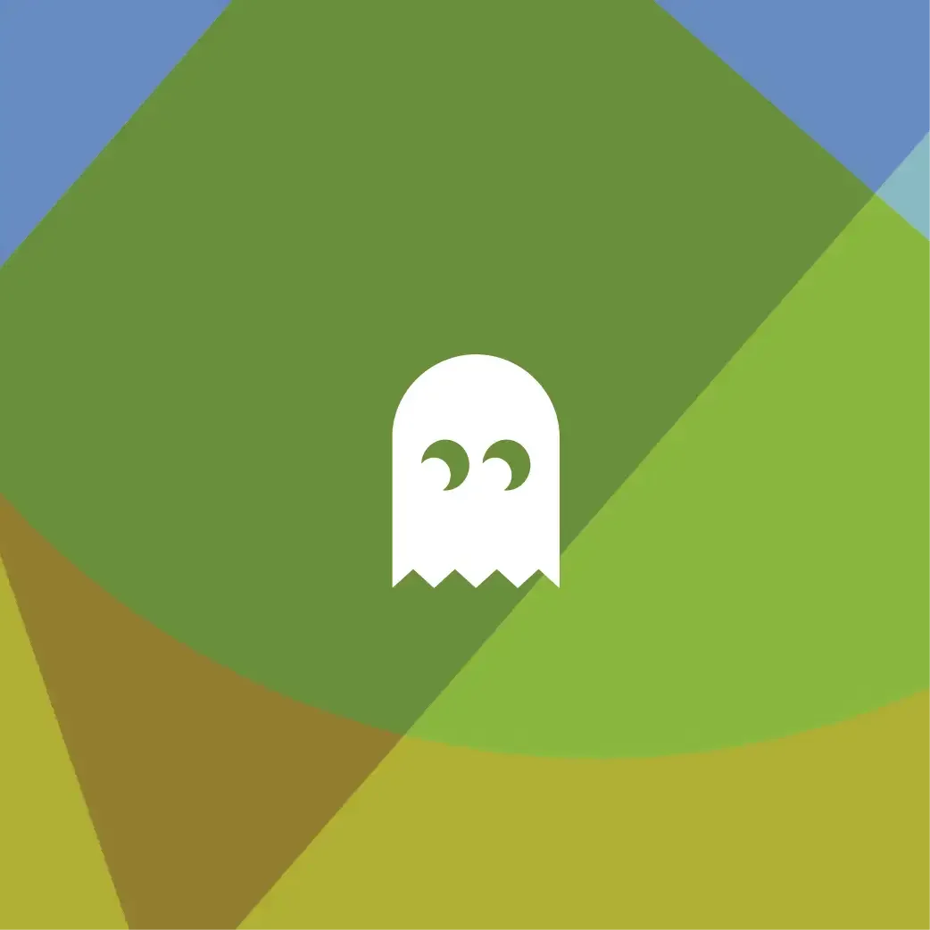 A digital graphic with abstract geometric shapes in green, blue, brown, and yellow. In the center, there is a white cartoon-like ghost icon with two eyes and a jagged bottom edge.