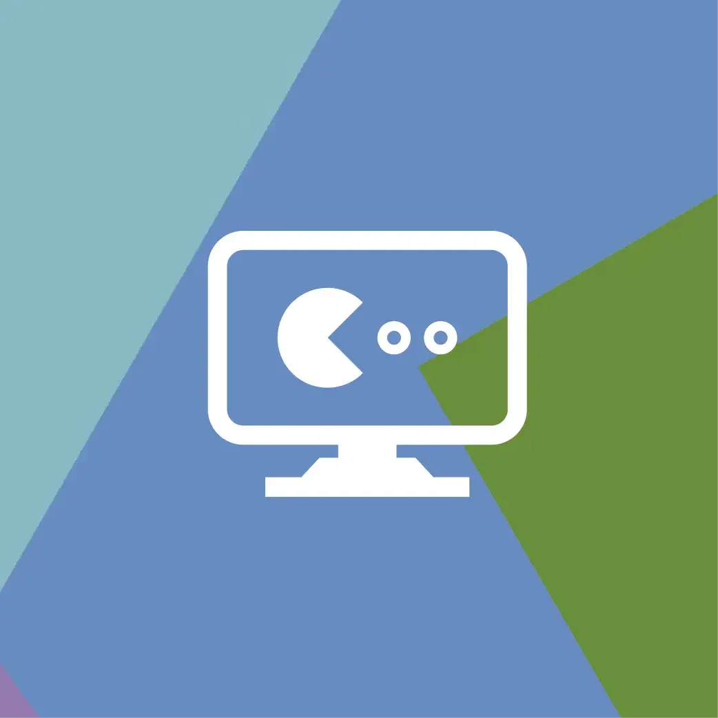 Digital illustration of a computer monitor with a Pac-Man character and two dots on the screen, set against a background of geometric colored shapes.