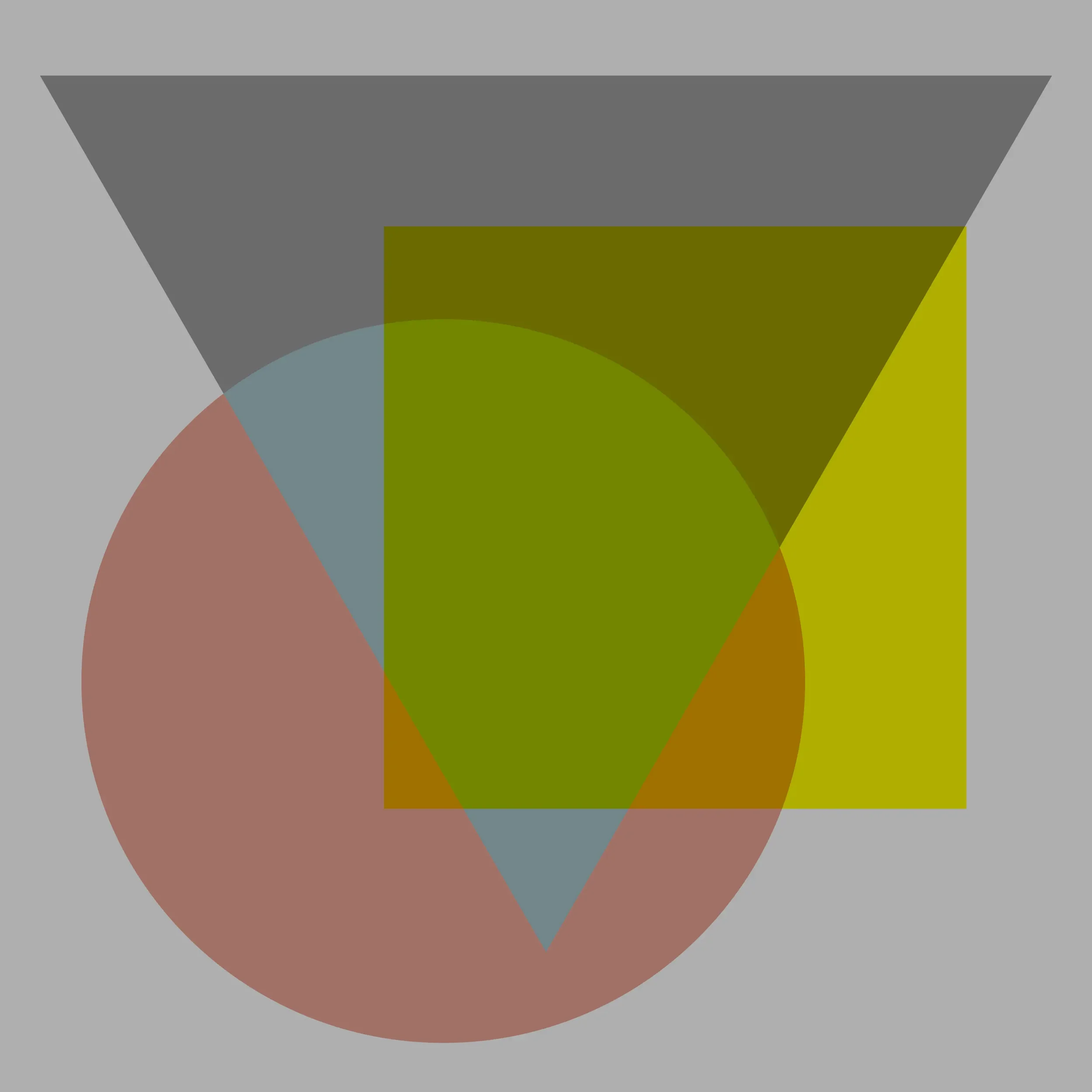 Abstract geometric composition with overlapping triangles and semi-circular shapes in shades of gray, green, blue, red, yellow, and brown on a gray background.