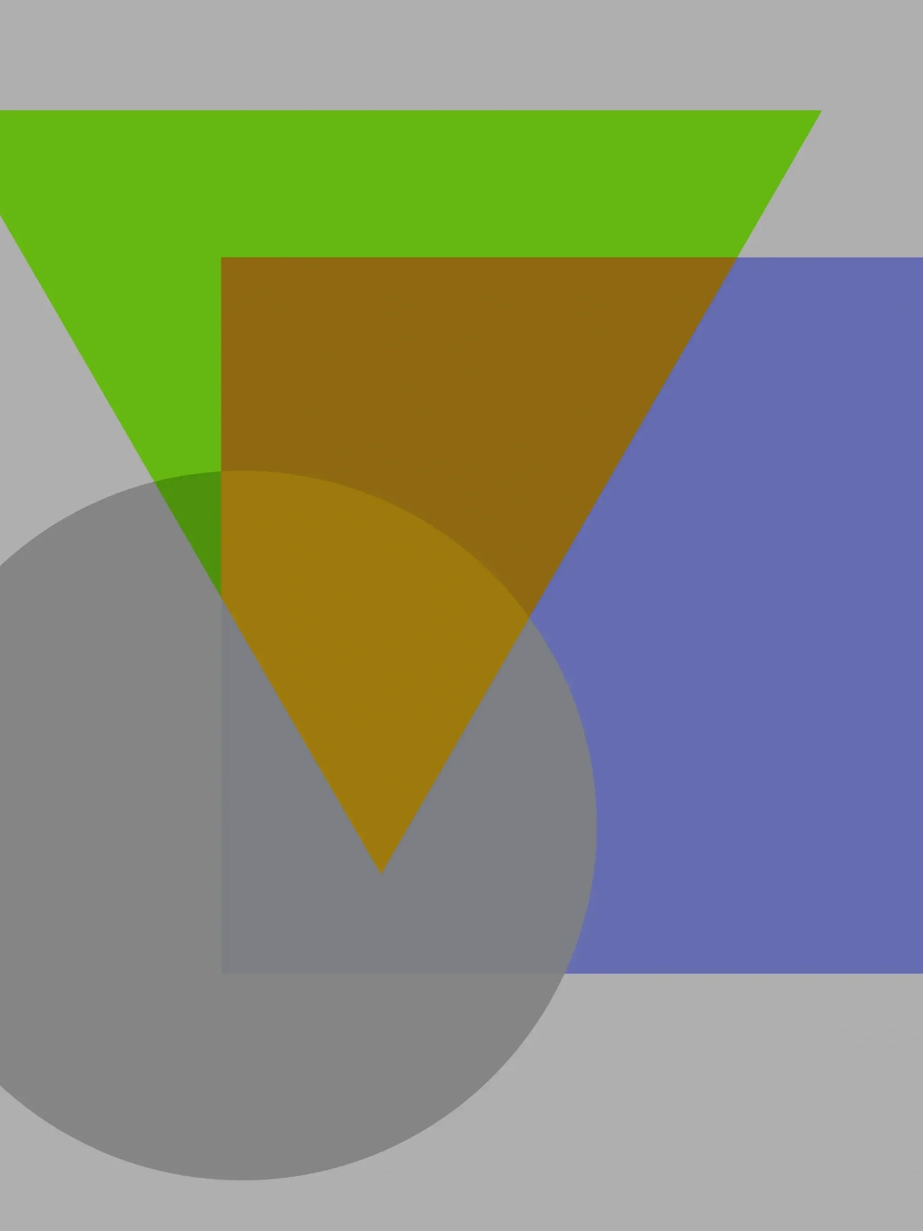 Abstract geometric composition with overlapping shapes in colors green, brown, blue, gray, and yellow on a gray background.