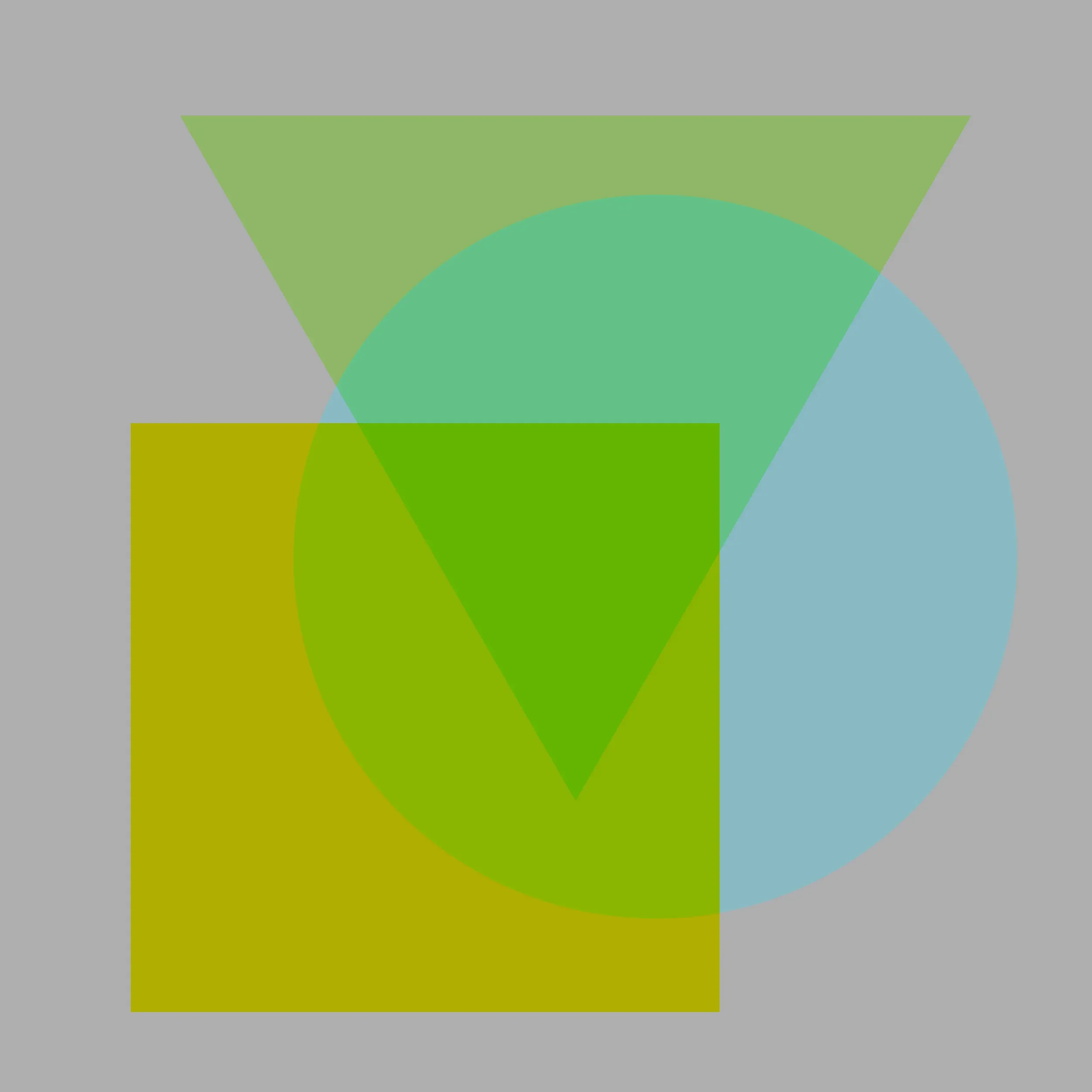 An abstract digital graphic with overlapping geometric shapes in green, blue, yellow, and light blue on a gray background.