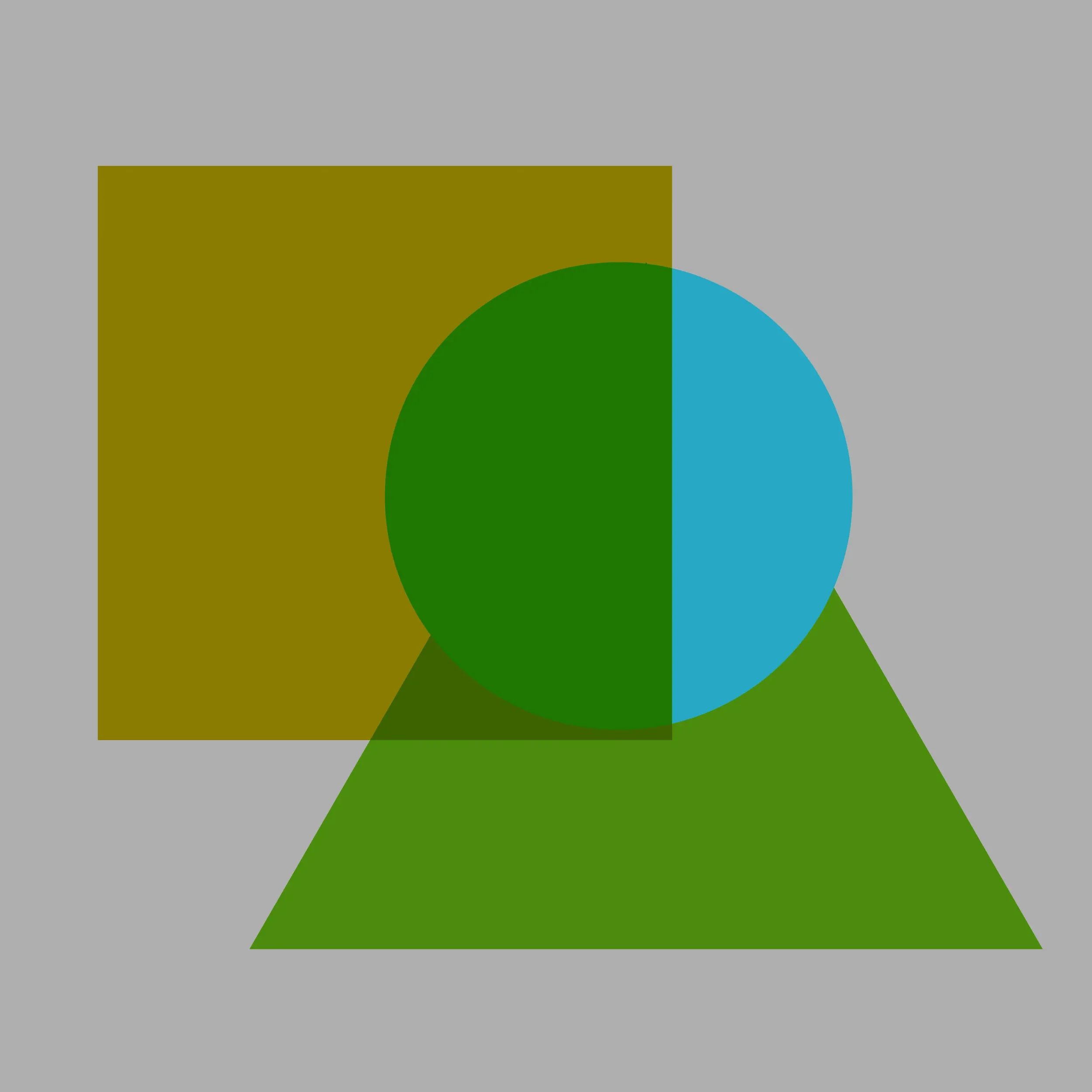An abstract digital artwork featuring overlapping geometric shapes in shades of gray, green, blue, and gold.