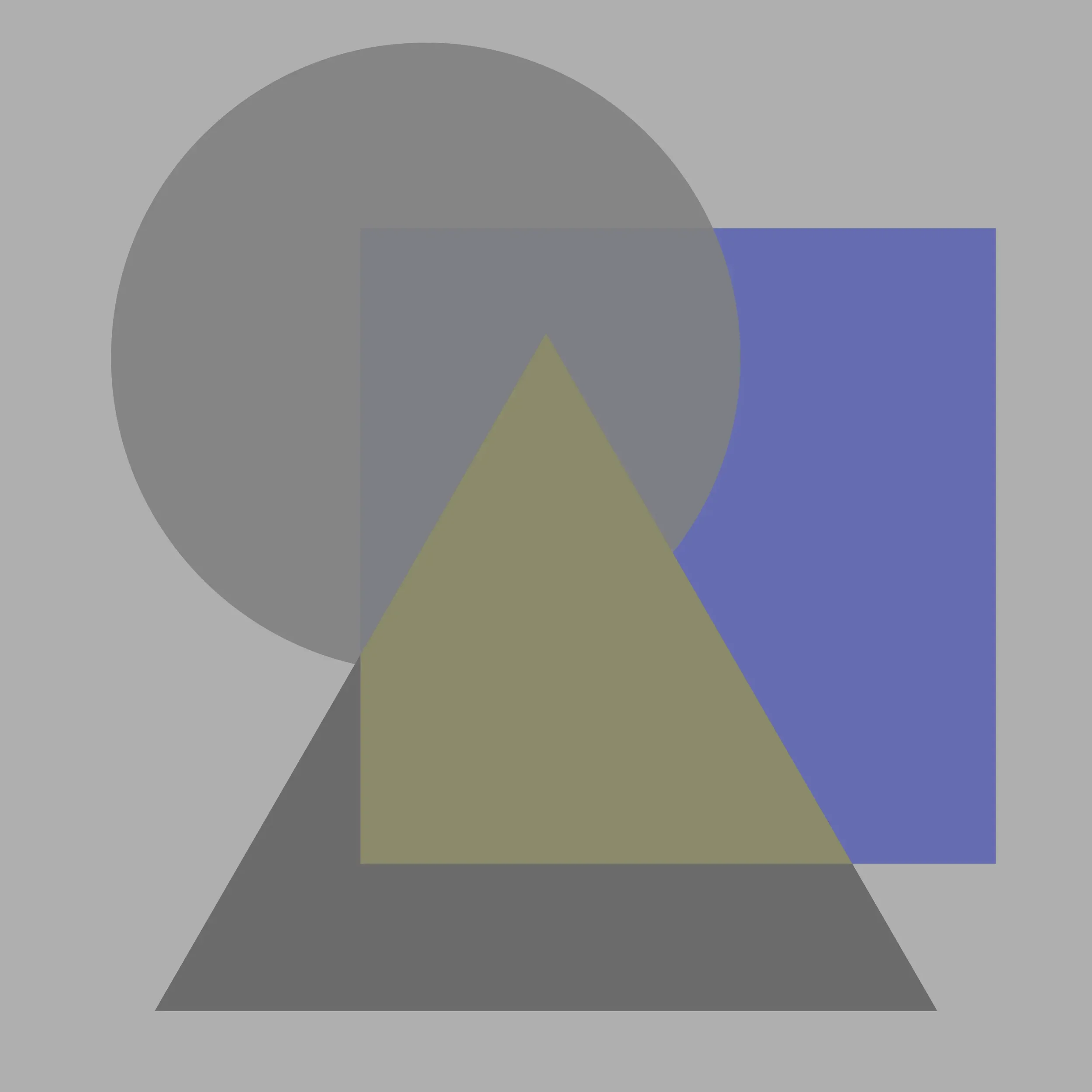 Abstract geometric art with circle, square, triangle, and pyramid shapes in muted colors on a gray background.