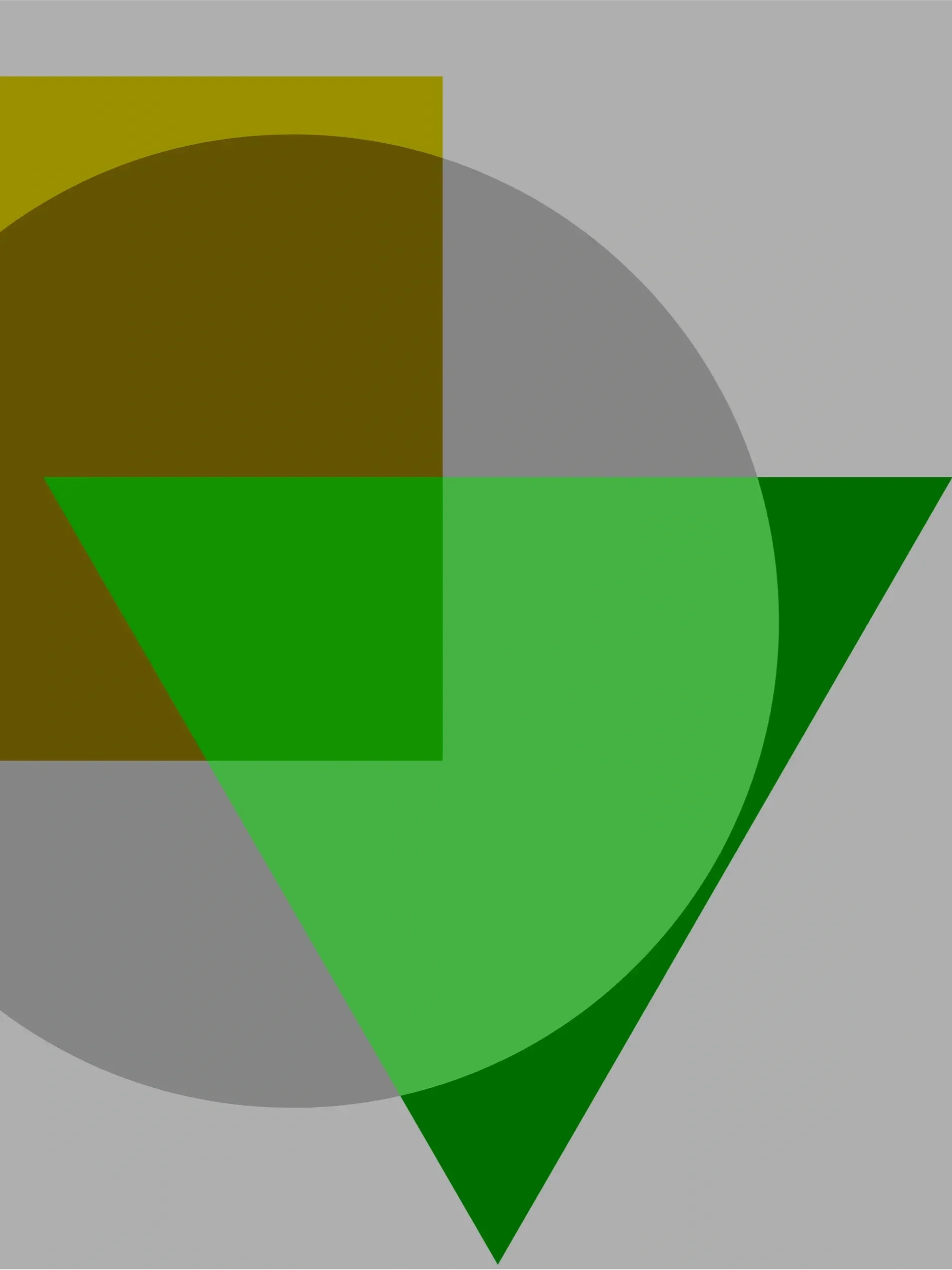 An abstract geometric design with a gray background, featuring overlapping shapes in shades of green, brown, and gray, and layered semi-circles and triangles.