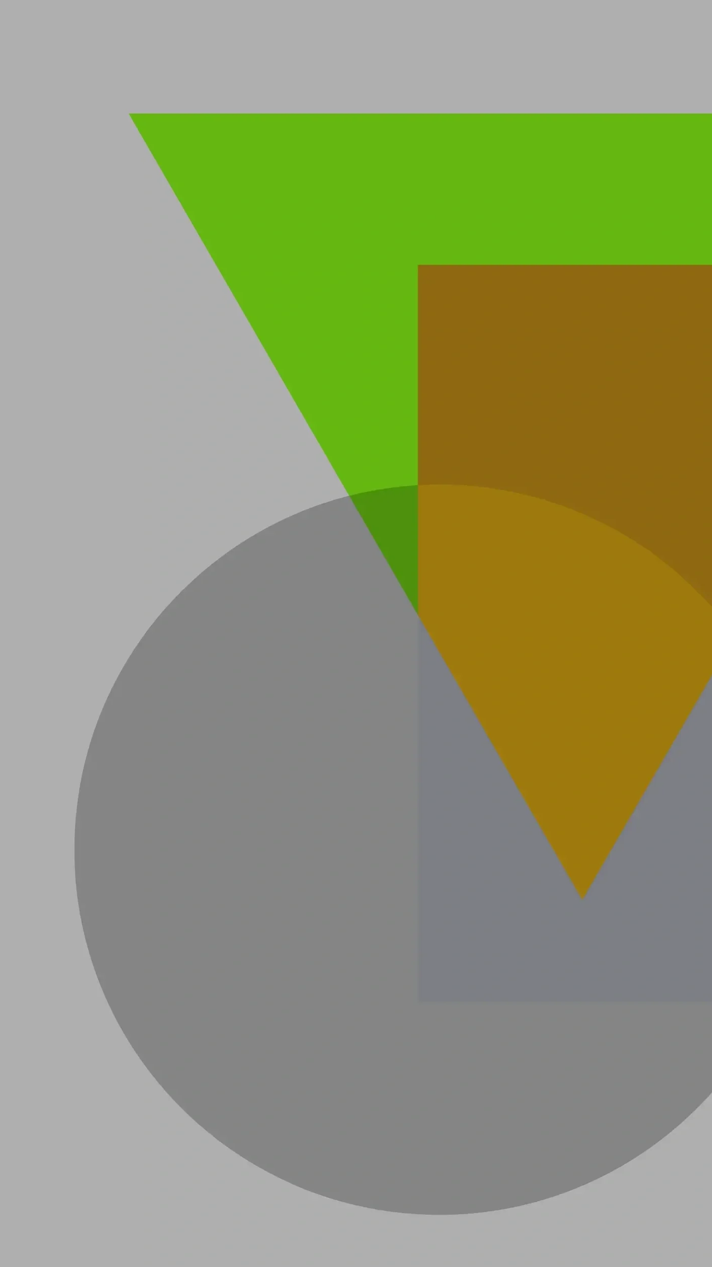 Abstract geometric design with a large gray circle in the foreground, intersected by a smaller gray circle, and a bright green triangle and a yellowish-brown quadrilateral in the background.