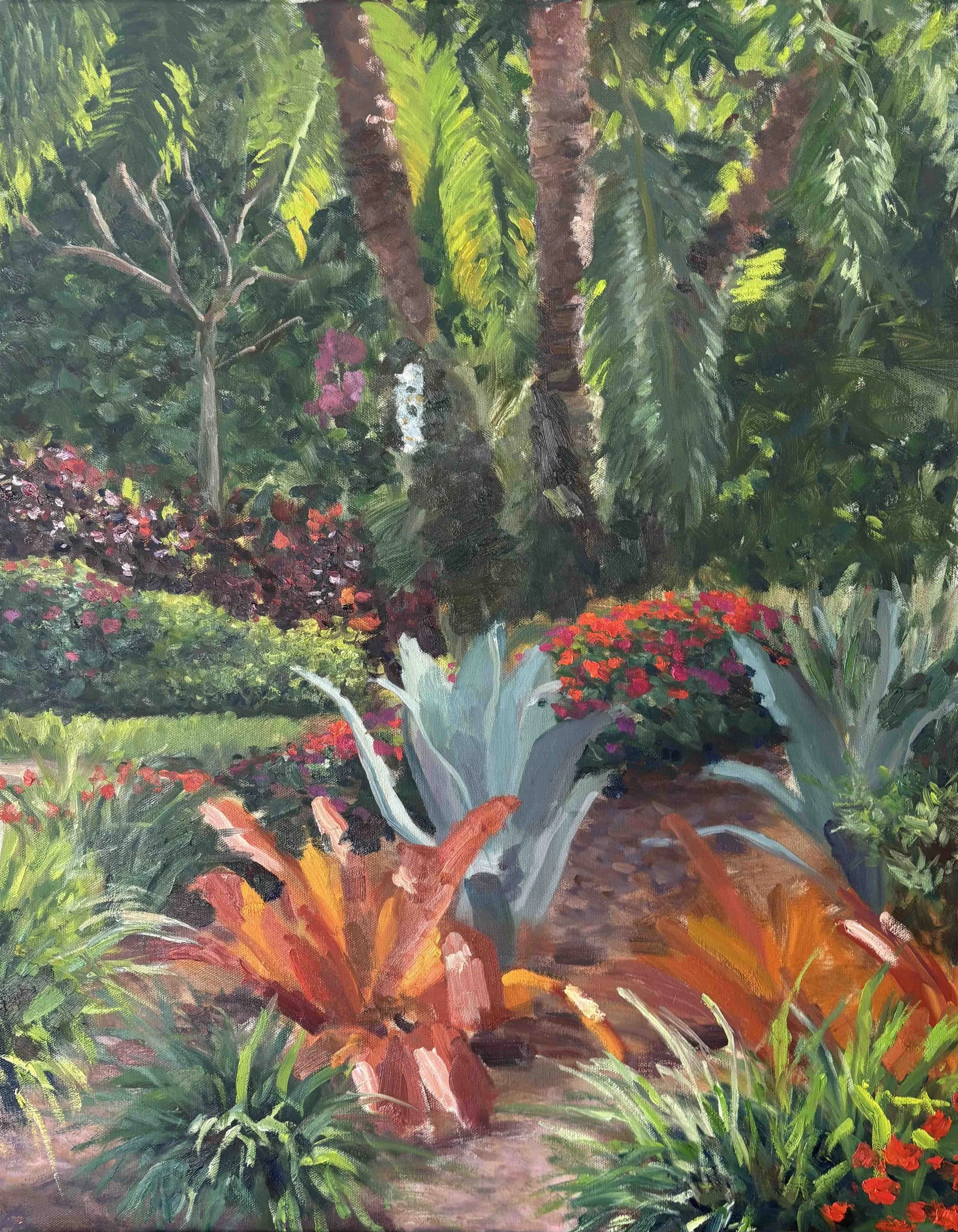 Brightly colored garden scene with various plants, flowers, and trees painted in an impressionistic style.