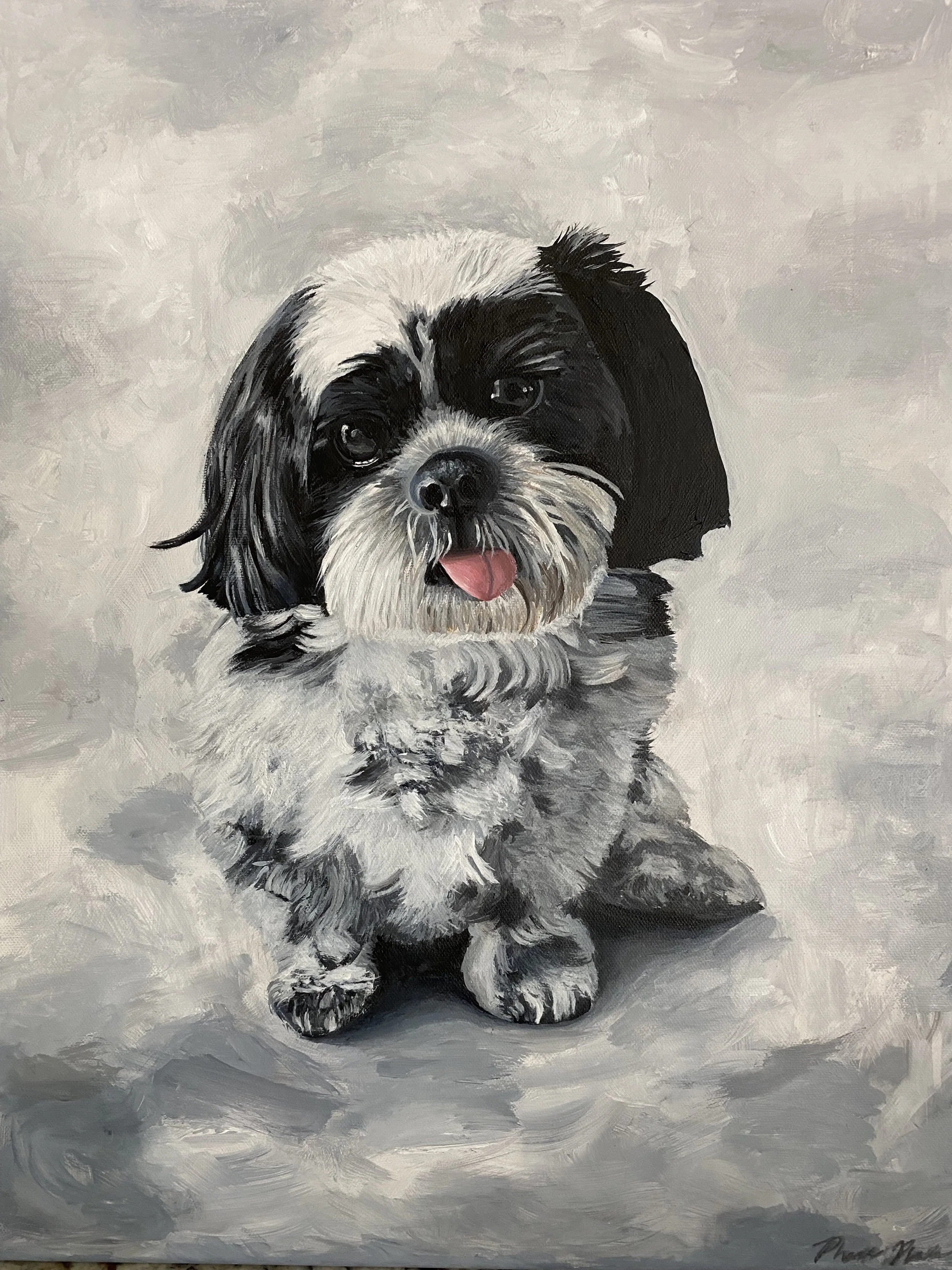 Painting of a small black and white Shih Tzu puppy with pink tongue showing, sitting on a gray textured background.