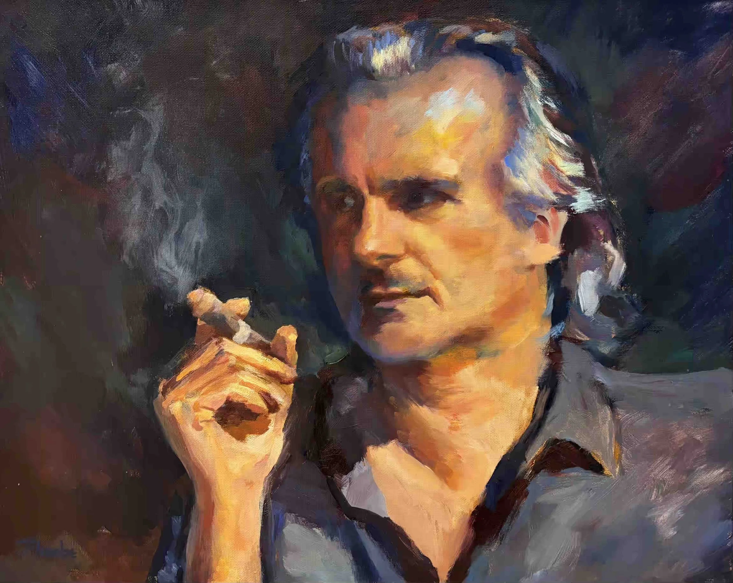 A portrait of a woman with gray hair holding a cigarette, painted in an impressionistic style with bold brushstrokes and vibrant colors.