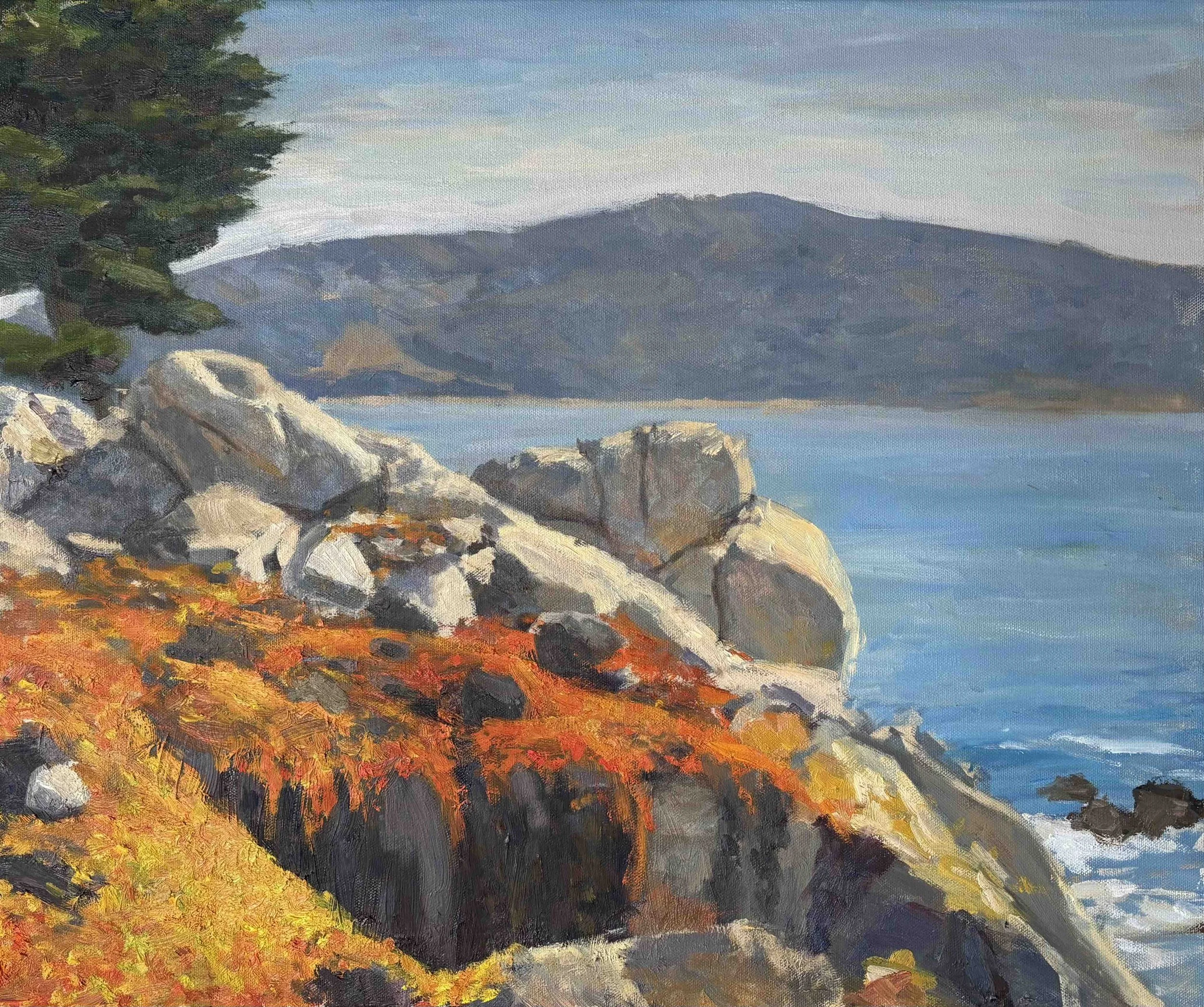 Landscape painting of rocky coastline with trees, mountains, and the ocean in the background, using impressionist style with vibrant colors.