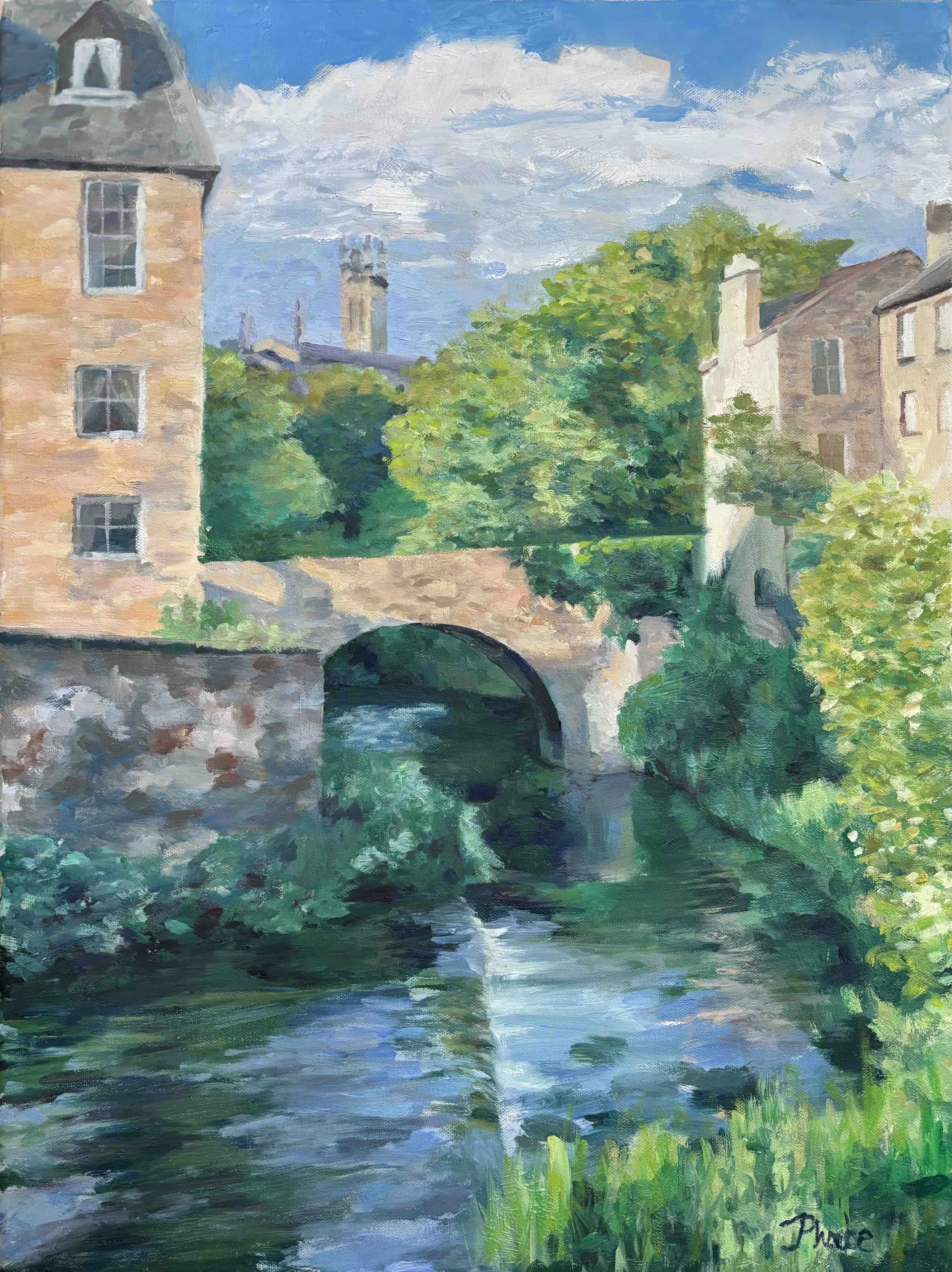 A peaceful landscape painting featuring a stone bridge over a flowing river, with tall historic buildings and leafy trees in the background under a partly cloudy sky.