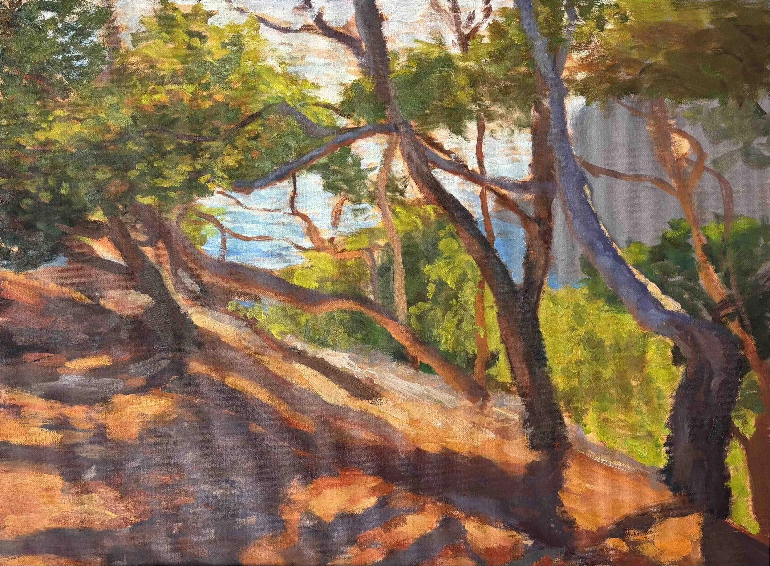 Painting of tree branches and leaves with sunlight filtering through in warm tones of orange, yellow, green, and purple.