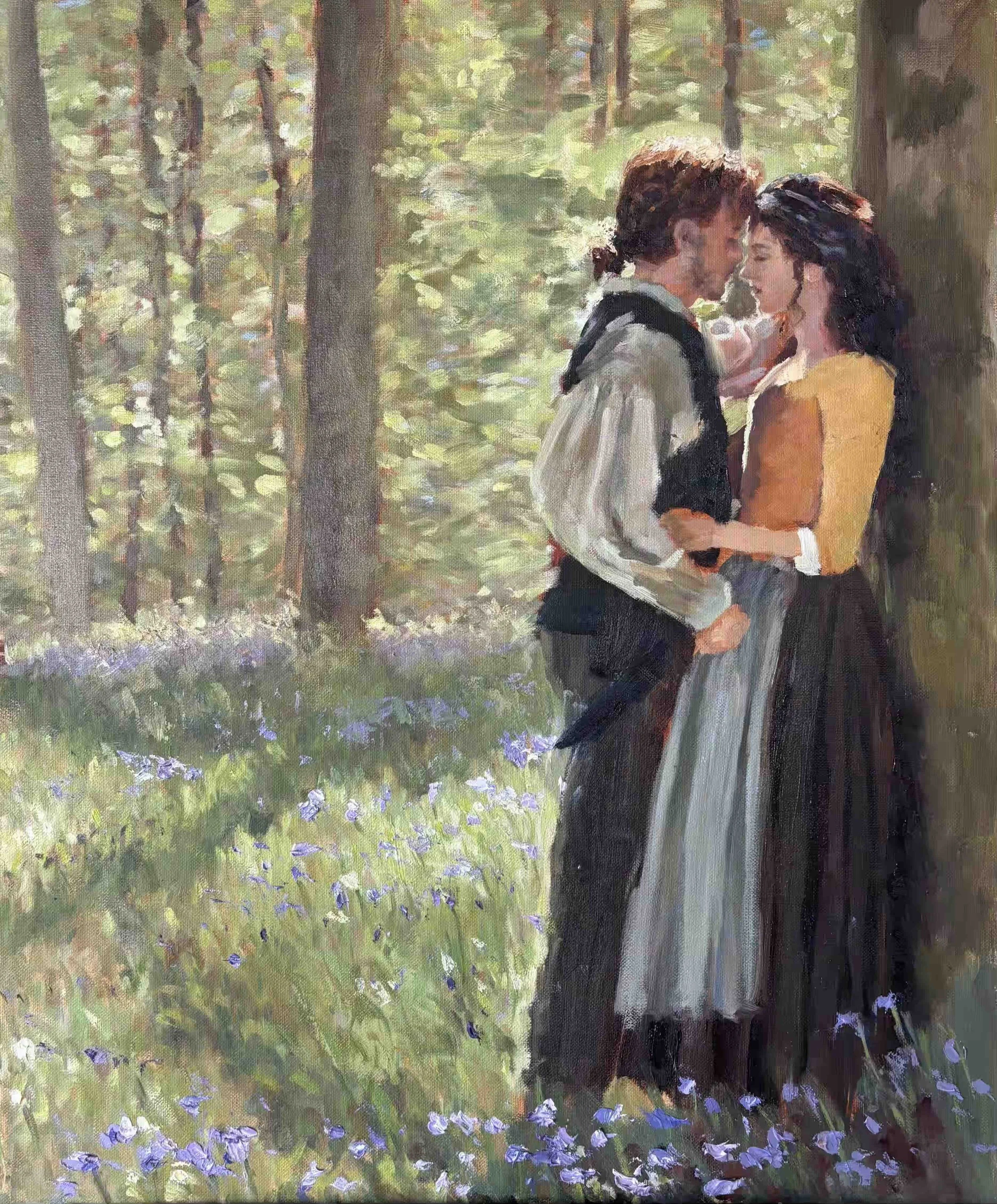 A painting of two people, a man and a woman, standing close together in a forest, about to kiss. The man is wearing a gray shirt with a black vest and has brown hair tied back. The woman is wearing an orange top with black hair and a white sleeve. Th