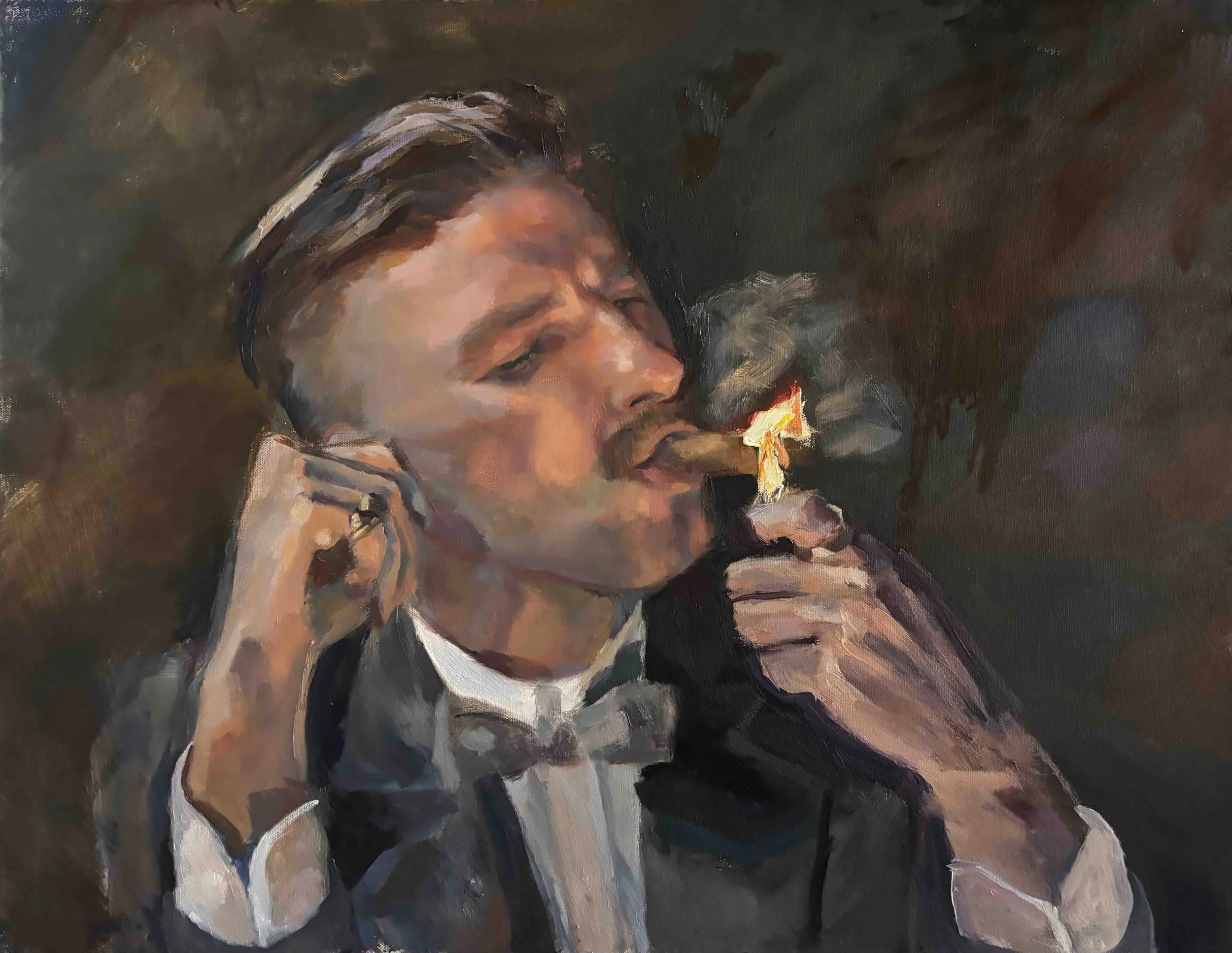 An oil painting of a woman with dark hair styled back, wearing a gray blazer over a white shirt, holding a cigarette near her mouth, with a dark background.