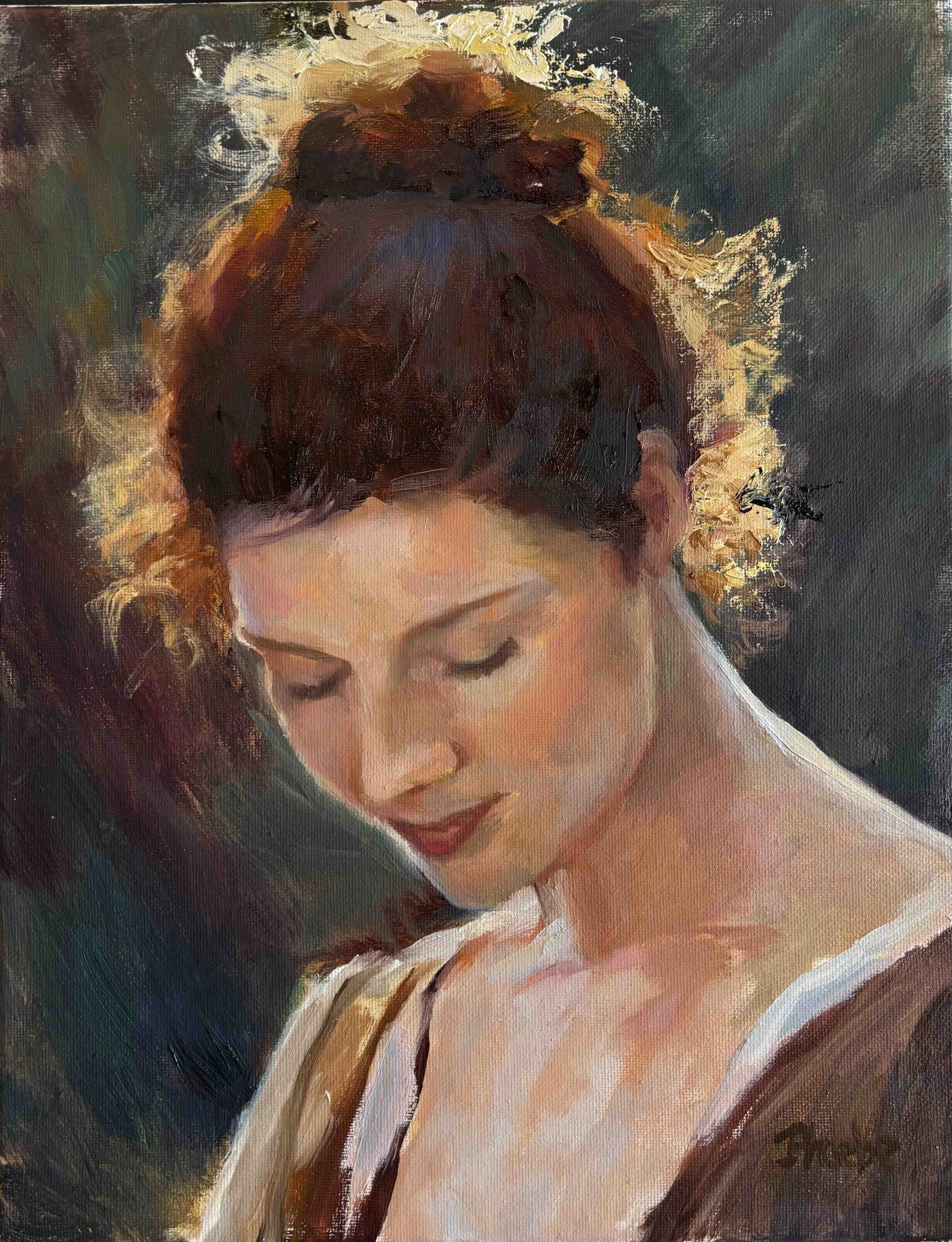 Close-up of a painted portrait featuring a woman with brown hair and light skin, with her eyes closed and head slightly tilted downward.