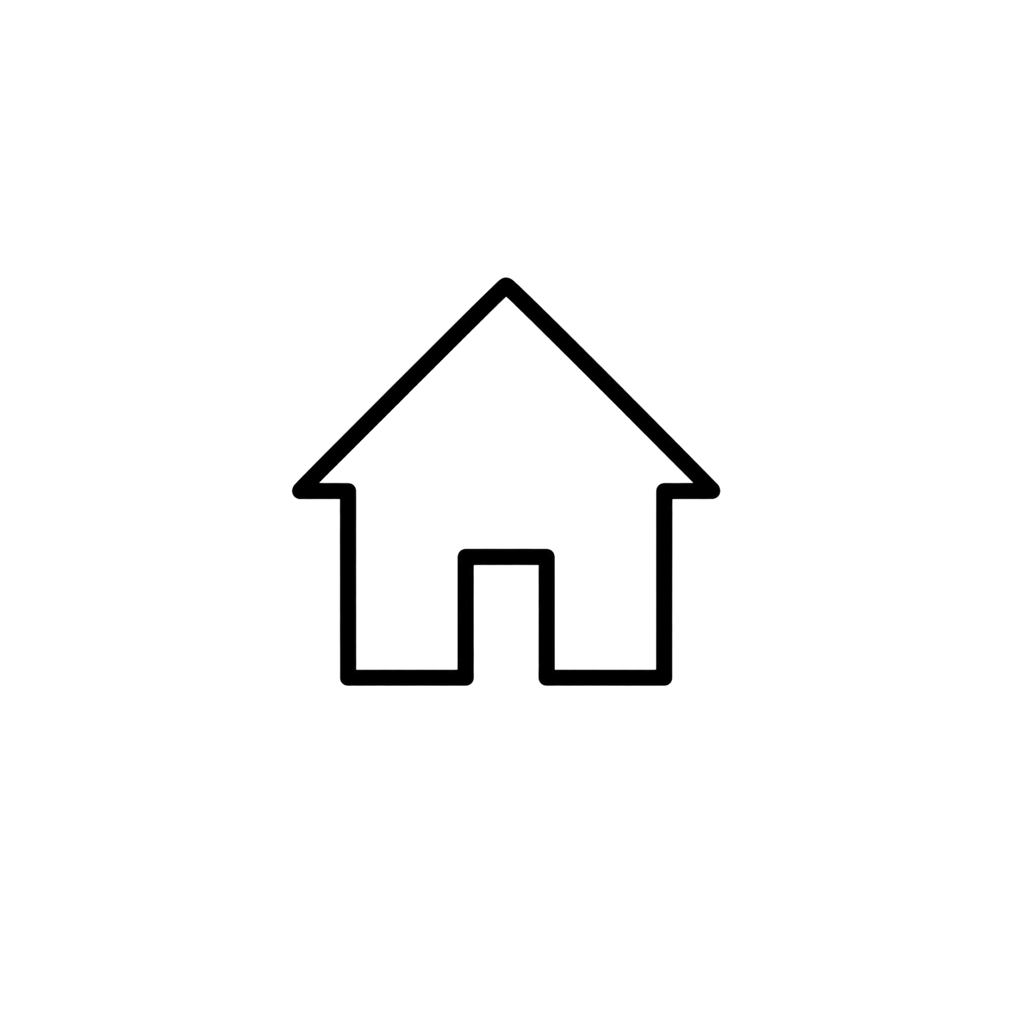 Line drawing of an upward-pointing house with a chimney, a window, and a door, set against a black background.