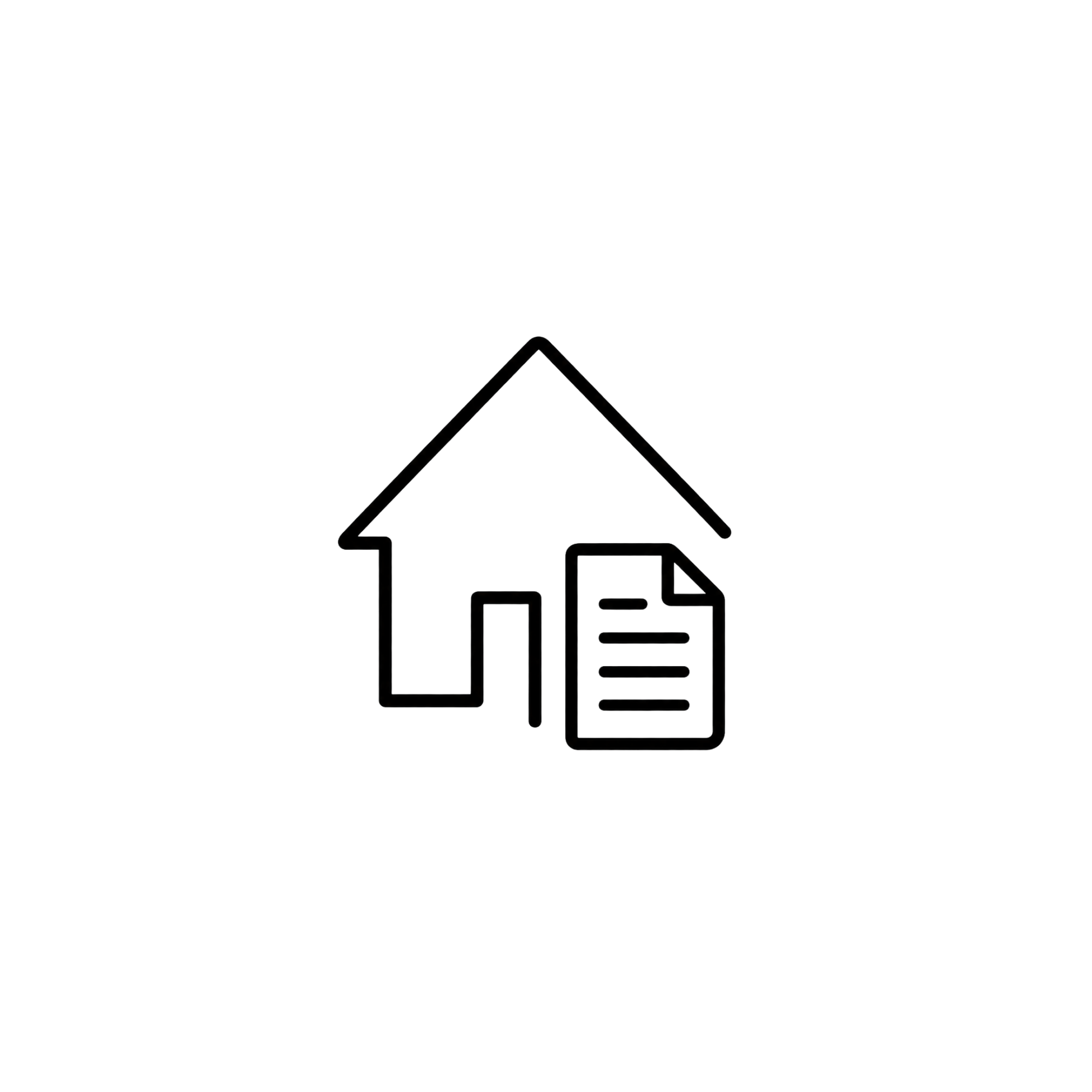 Outline of a house with a chimney, roof, and door, surrounded by icons of a car, groceries, and a checkmark.