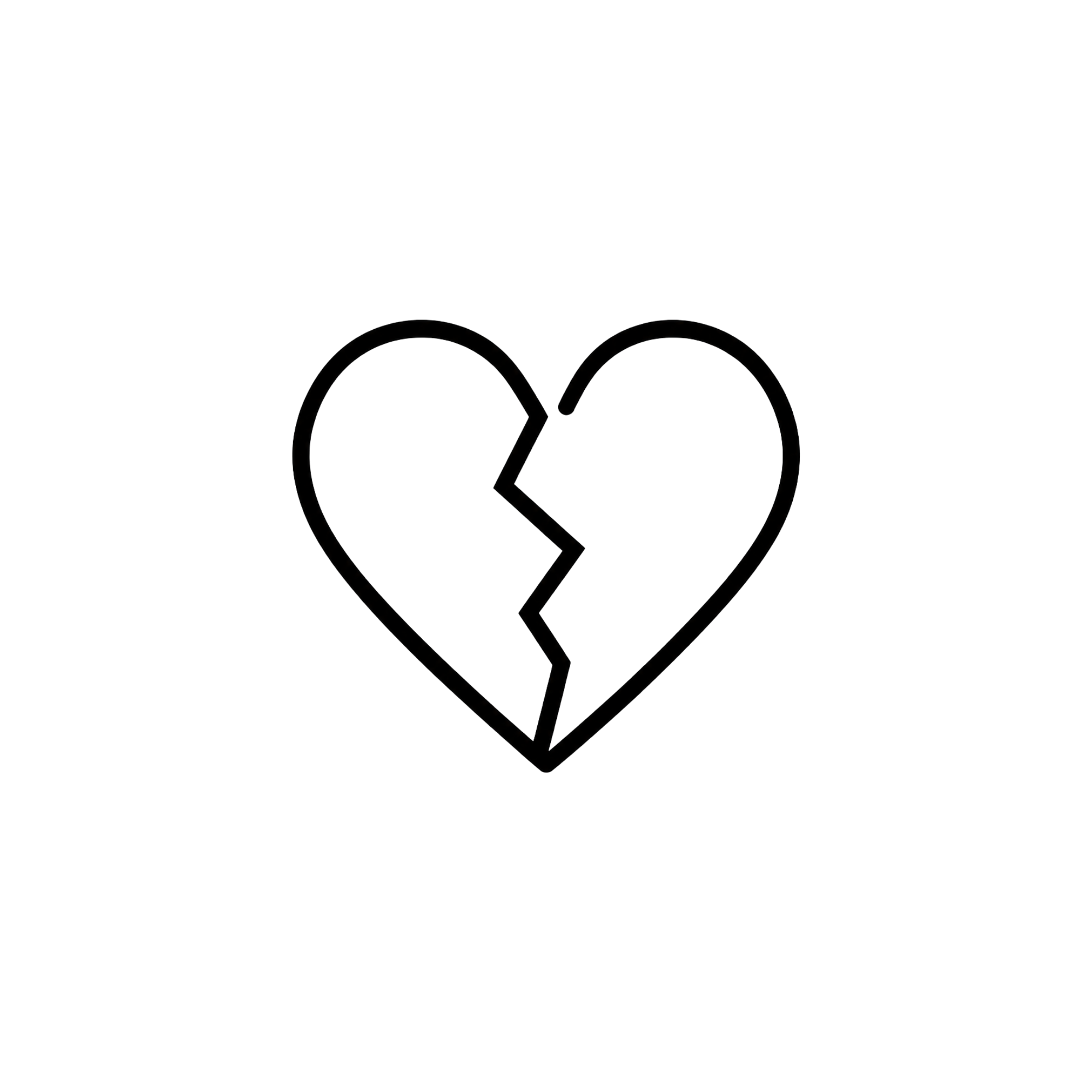 Black outline of a broken heart with a circle and a diagonal line through it, symbolizing heartbreak or rejection.