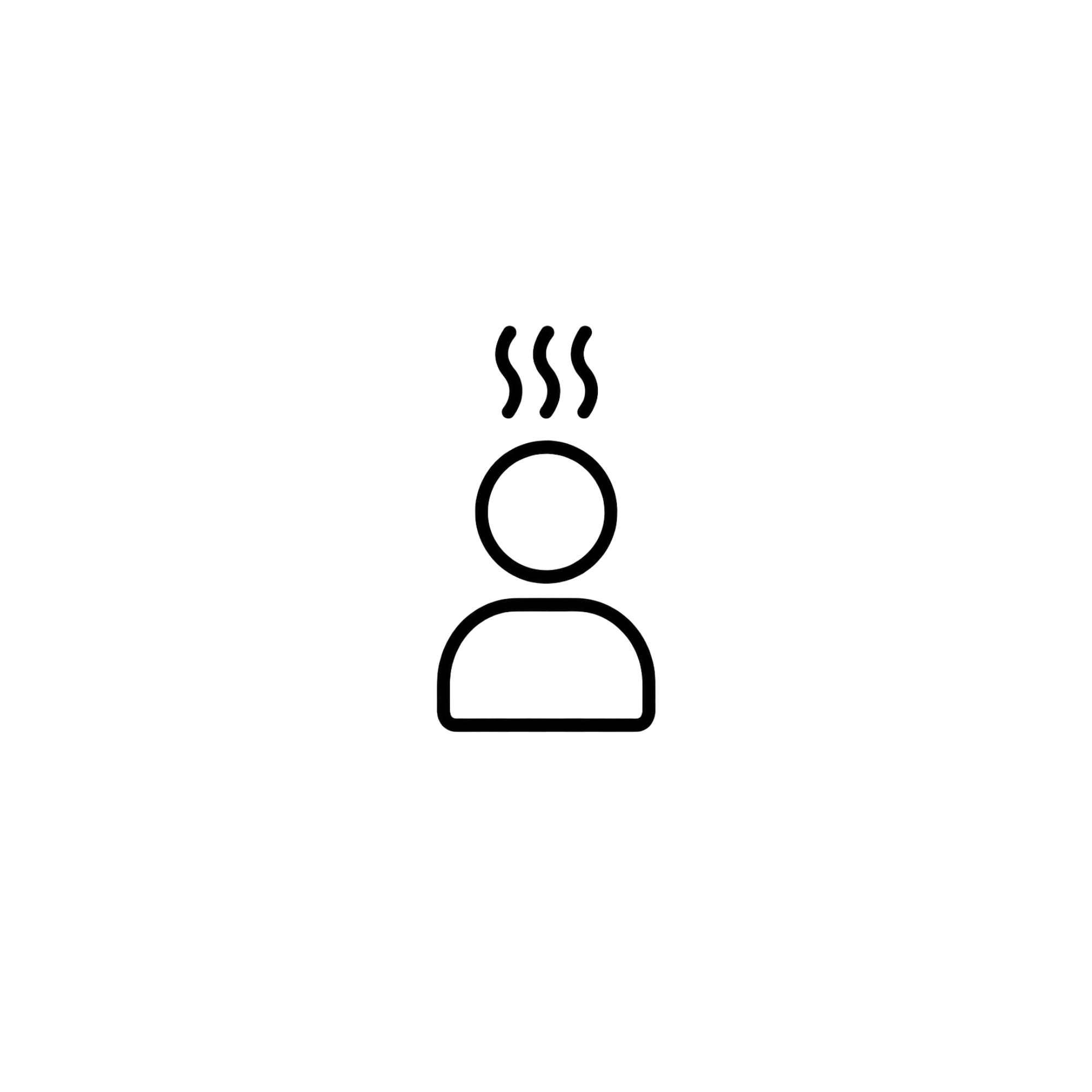 Line drawing of a stick figure with steam rising from the head, indicating heat or feeling hot.