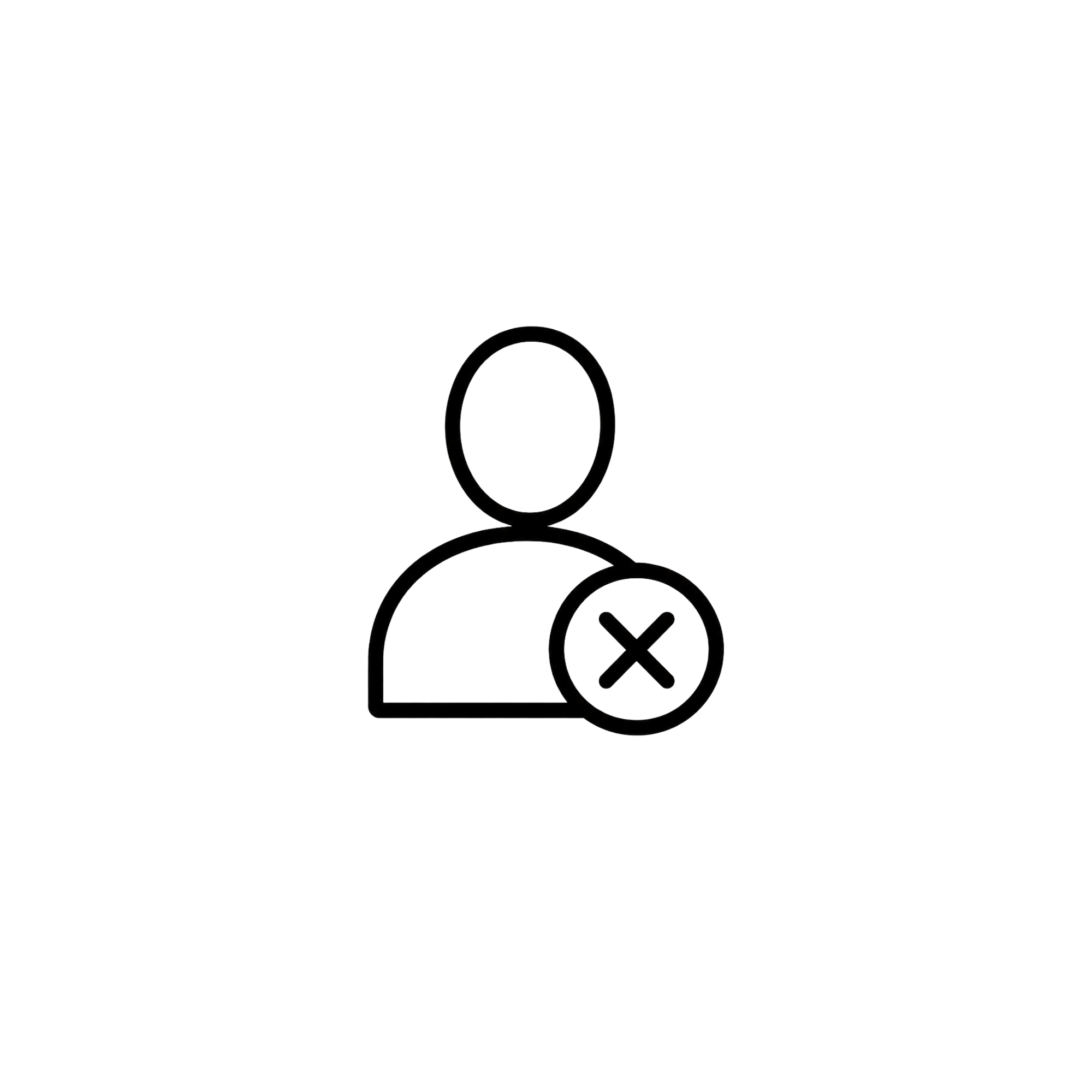 Simple line drawing of a person with a large circle head, small body, and an 'X' symbol overlapping the bottom of the figure.