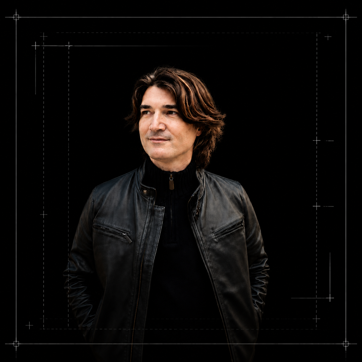 Man with shoulder-length brown hair wearing a black leather jacket and black turtleneck, standing against a black background.