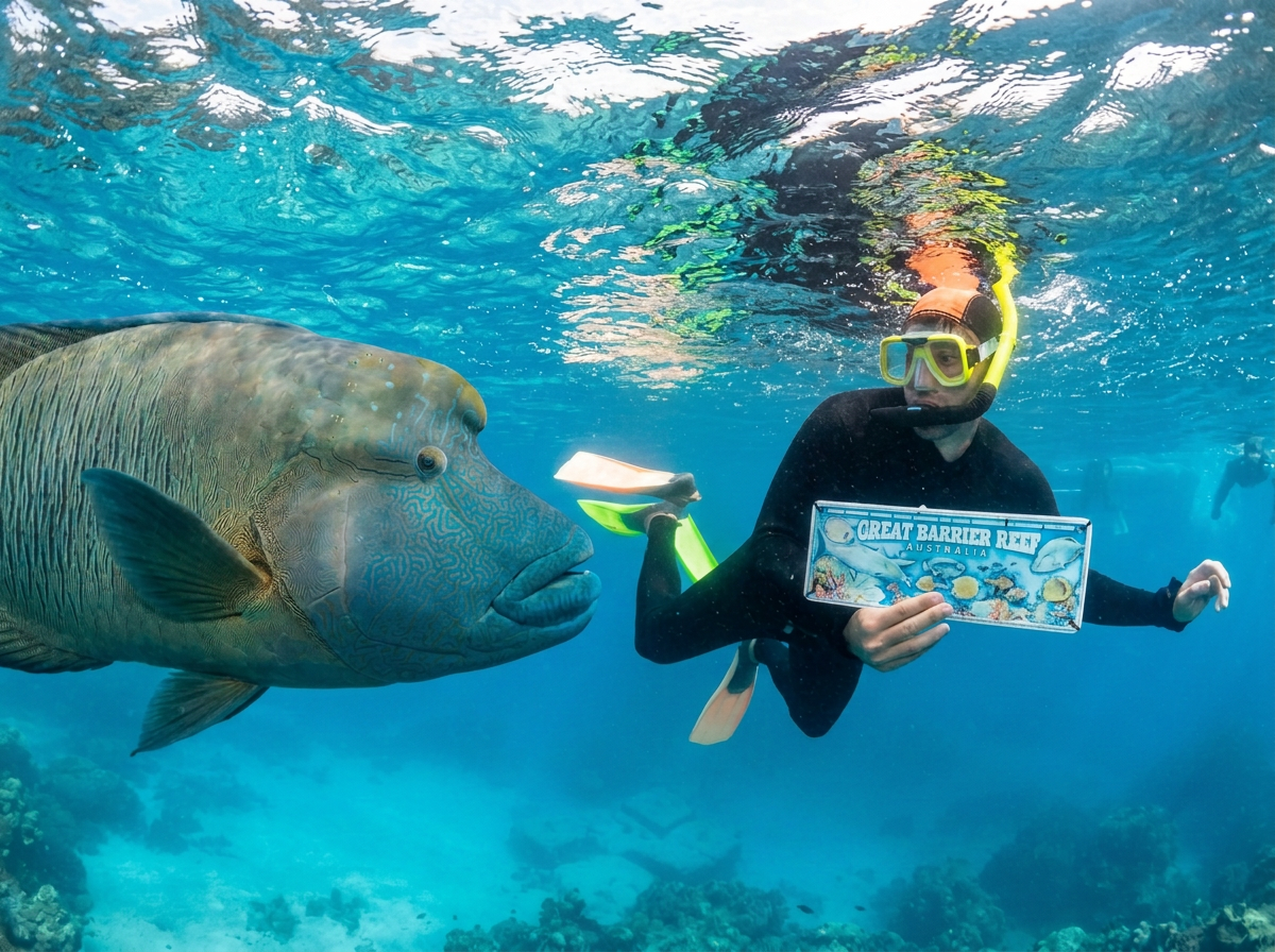 Snorkeler in black wetsuit with yellow mask and fins holding a sign that reads 'Great Barrier Reef, Australia' next to a large fish underwater.