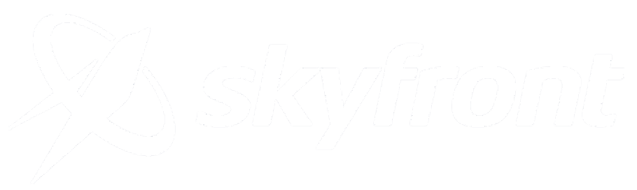 Skyfront logo with stylized planet and lightning bolt on black background
