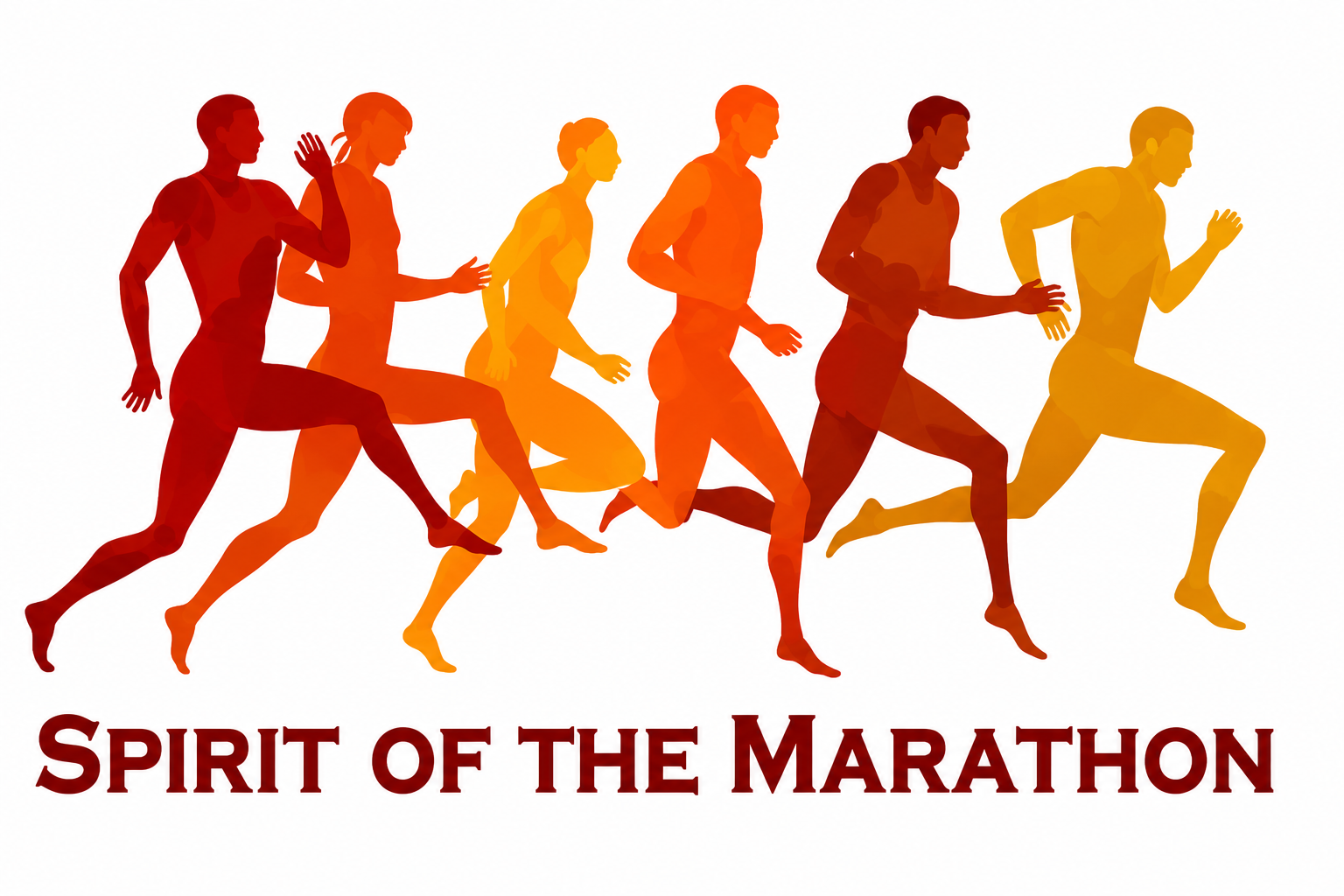 Silhouettes of seven runners in shades of orange, yellow, and red running from left to right, with the caption "Spirit of the Marathon" beneath them.