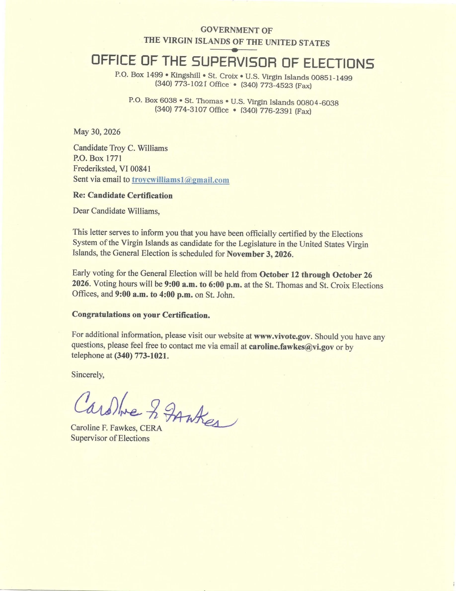 Troy Williams Certified as Candidate for Senate