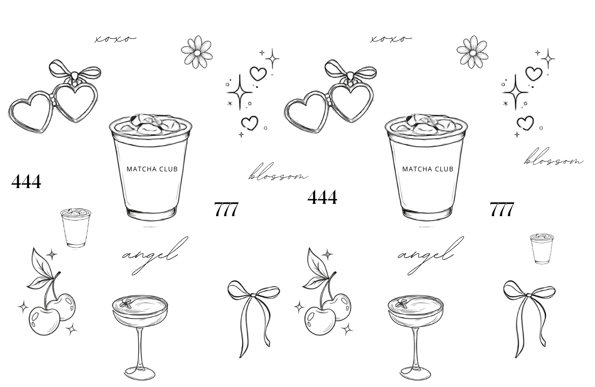Two glasses of iced water with ice cubes and lemon slices, surrounded by illustrations of cherries, hearts, flowers, and a butterfly on a black background.