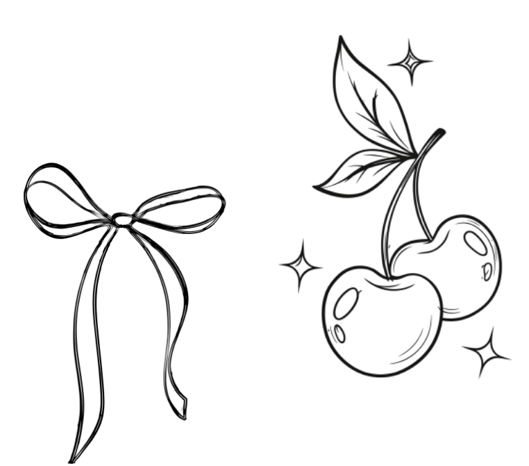 Outline drawing of a butterfly and cherries with leaves, decorated with sparkles, on a black background.