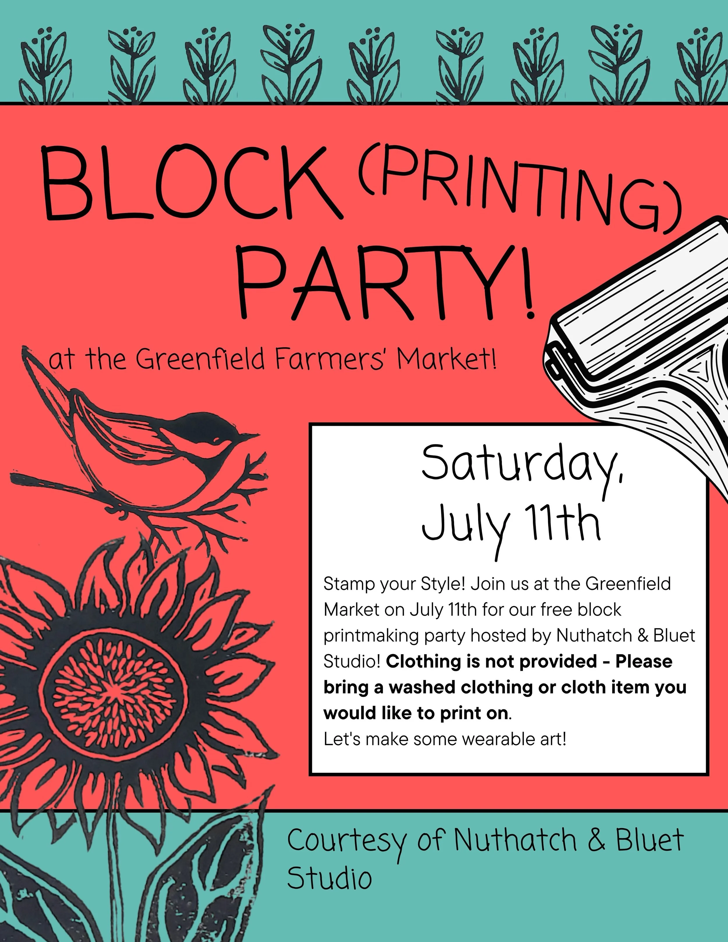 This Saturday! 🎉

Susie Secco, owner of Nuthatch &amp; Bluet Studios, 🐦 is hosting a block printing party! 

Bring a washed clothing or cloth item you would like to print on, and come join us! 
👚👖🧢 Stamps and ink provided! 

Thank you @susiesecc