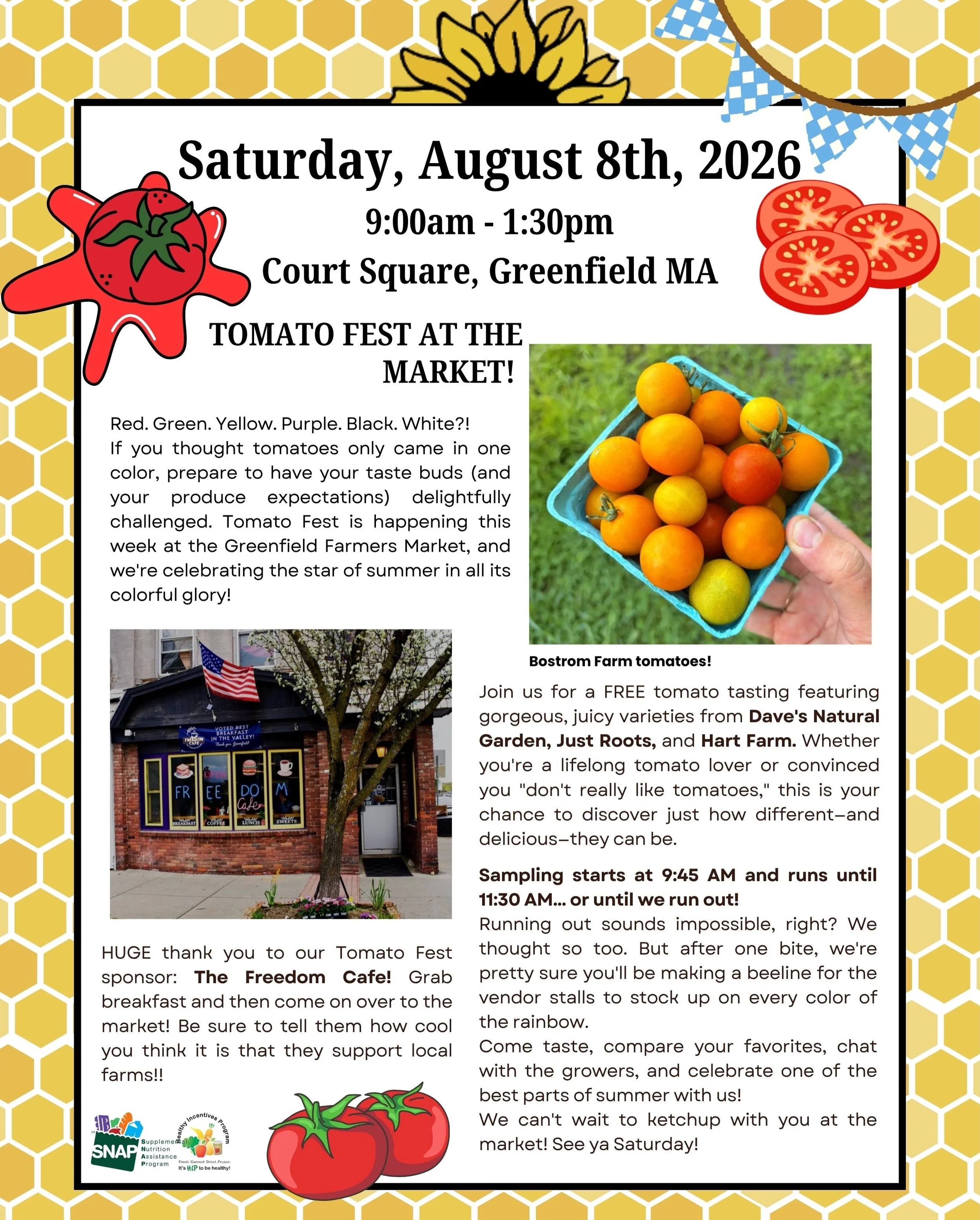 ✨Tomato Fest✨at the Market! 🍅

Red. Green. Yellow. Purple. Black. White?!

If you thought tomatoes only came in one color, prepare to have your taste buds (and your produce expectations) delightfully challenged. 😋🍽️Tomato Fest is happening this we