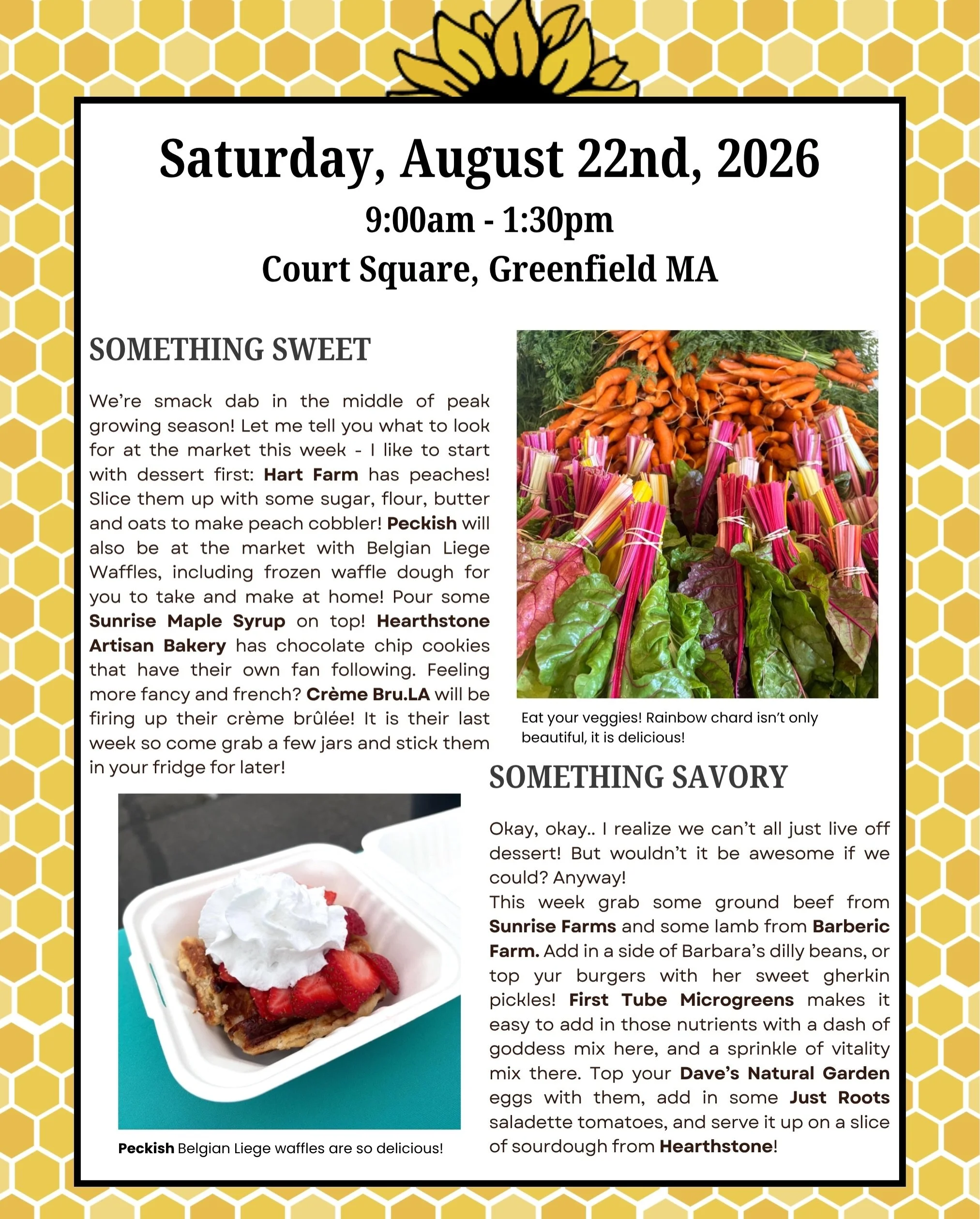 Something ✨Sweet✨

We&rsquo;re smack dab in the middle of peak growing season! Let me tell you what to look for at the market this week.👀

I like to start with dessert first:&nbsp;@conwayhartfarm has peaches!&nbsp;🍑Slice them up with some sugar, fl