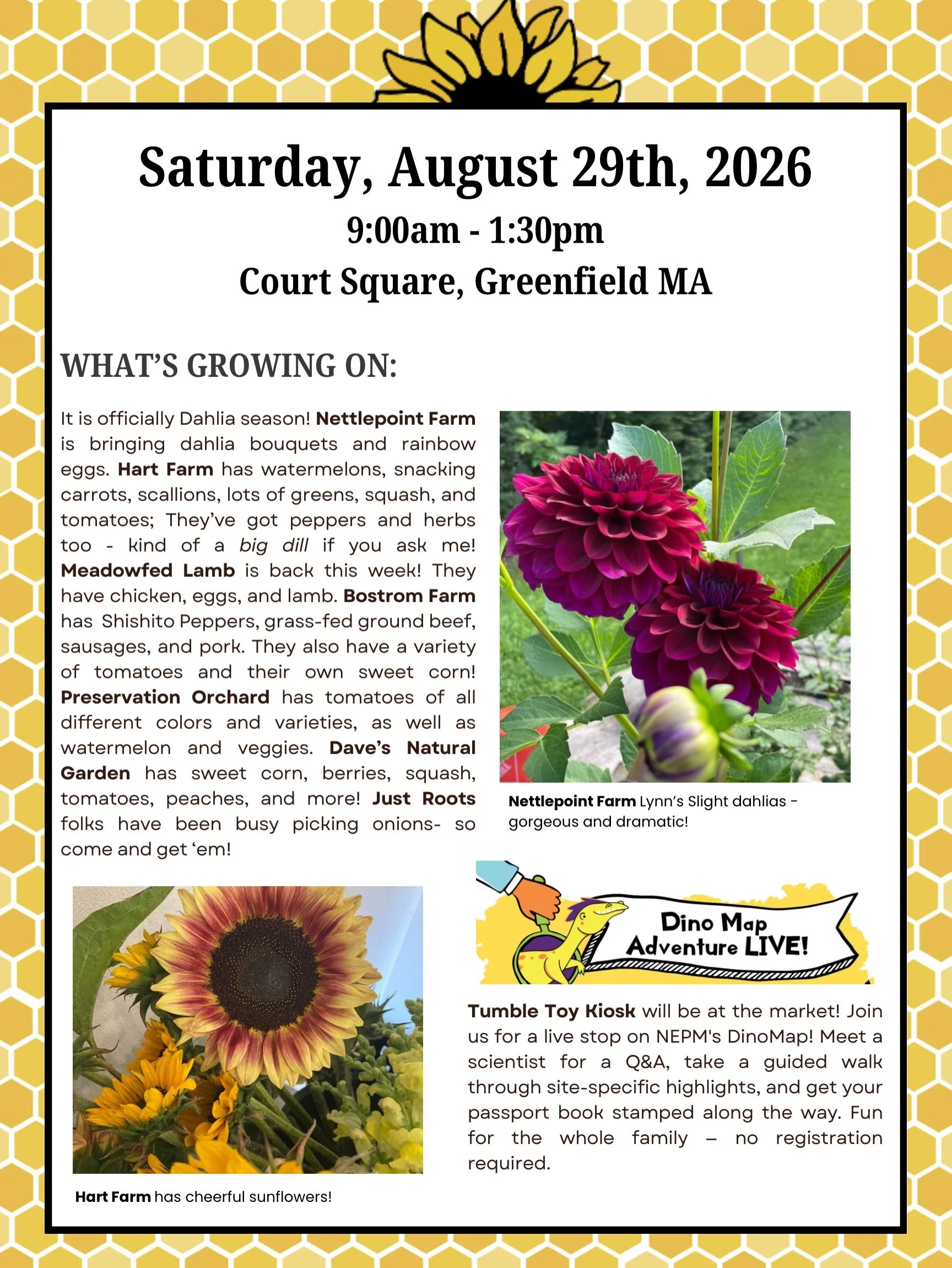 What&rsquo;s Growing On 

It is officially Dahlia season! Nettlepoint Farm is bringing dahlia bouquets and rainbow eggs. Hart Farm has watermelons, snacking carrots, scallions, lots of greens, squash, and tomatoes; They&rsquo;ve got peppers and herbs