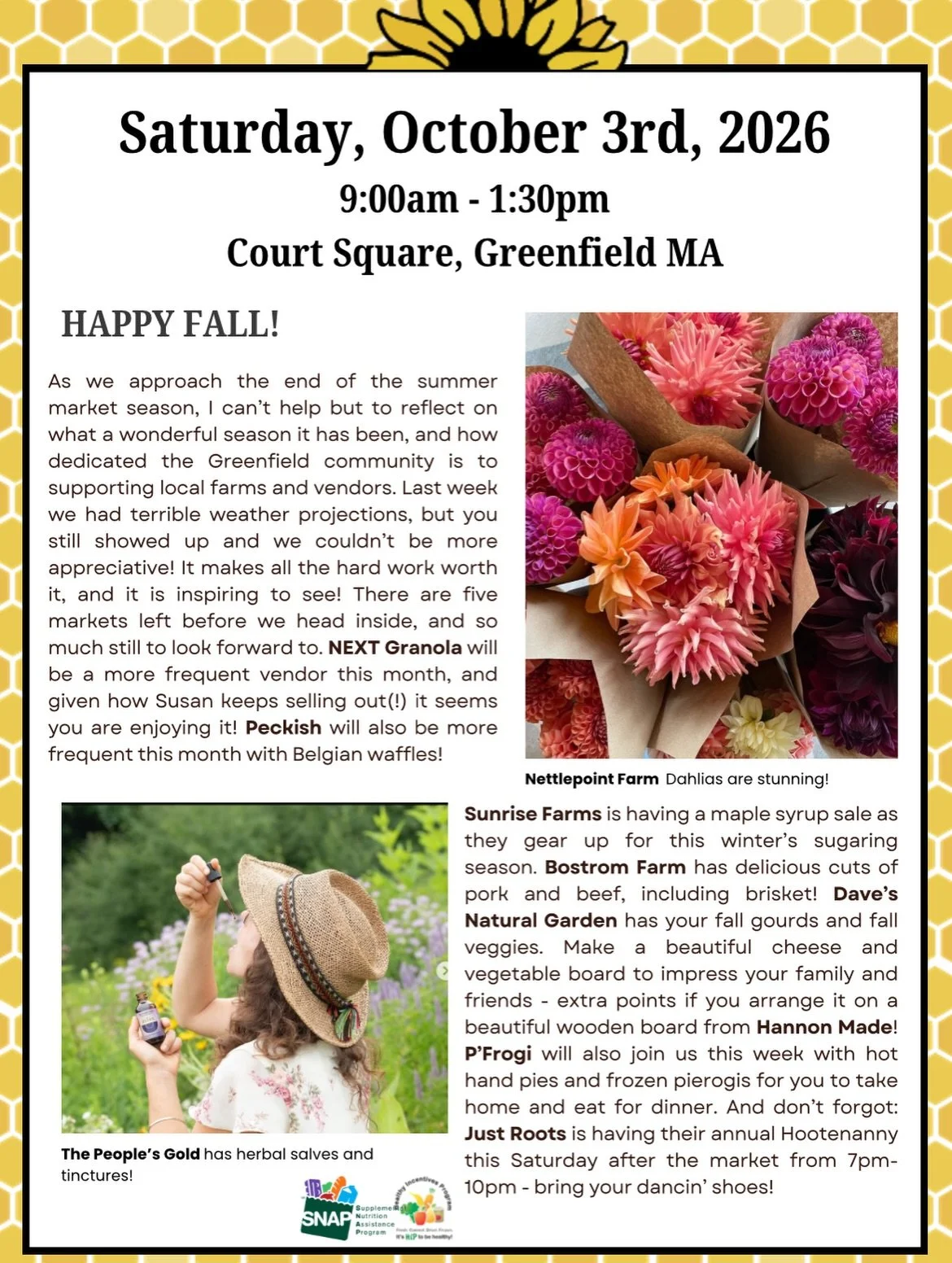Happy Fall! 

As we approach the end of the summer market season, I can&rsquo;t help but to reflect on what a wonderful season it has been, and how dedicated the Greenfield community is to supporting local farms and vendors. Last week we had terrible