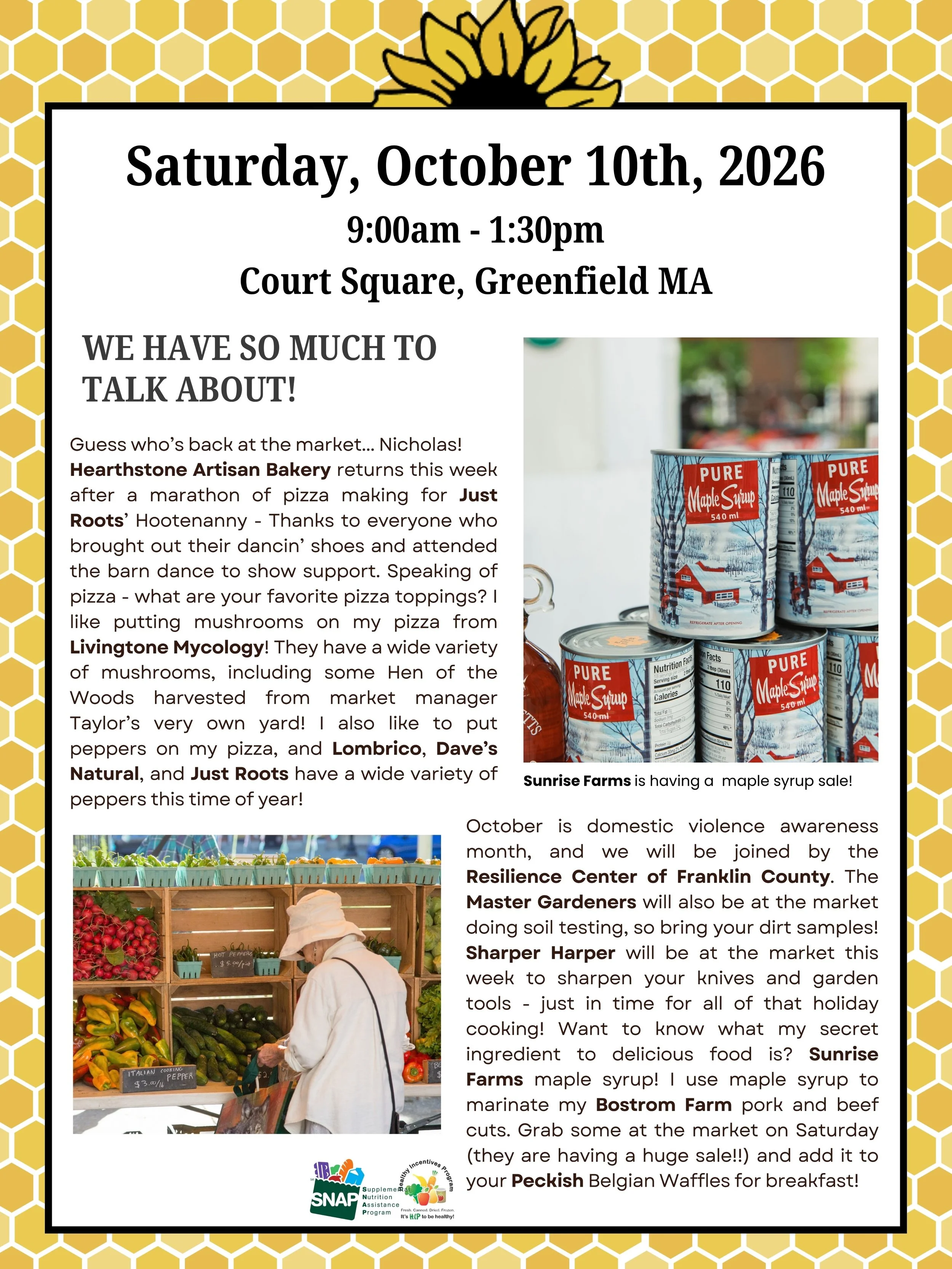 We Have SO Much to Talk About!

Guess who&rsquo;s back at the market... Nicholas!
Hearthstone Artisan Bakery returns this week after a marathon of pizza making for Just Roots&rsquo; Hootenanny - Thanks to everyone who brought out their dancin&rsquo; 