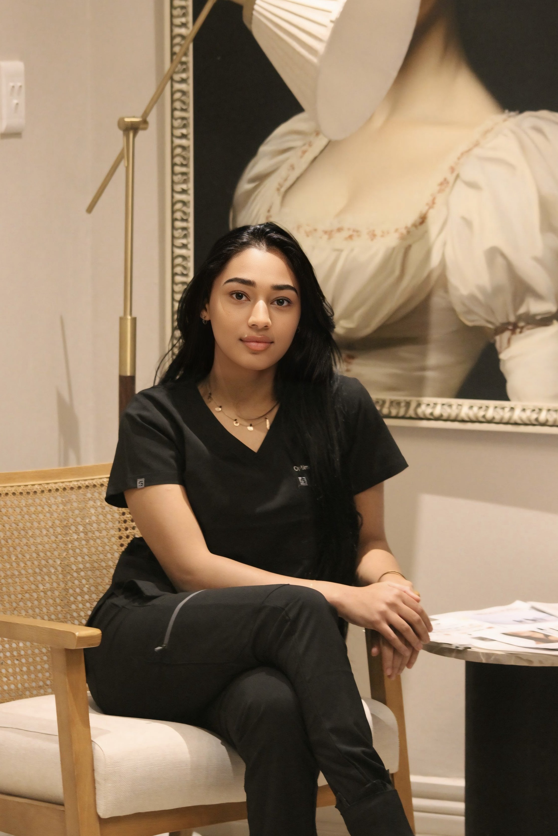 A young woman with long dark hair sitting on a white upholstered chair in a room with a large framed painting of a woman in a white dress hanging on the wall behind her. She is wearing black medical scrubs and has a neutral facial expression.