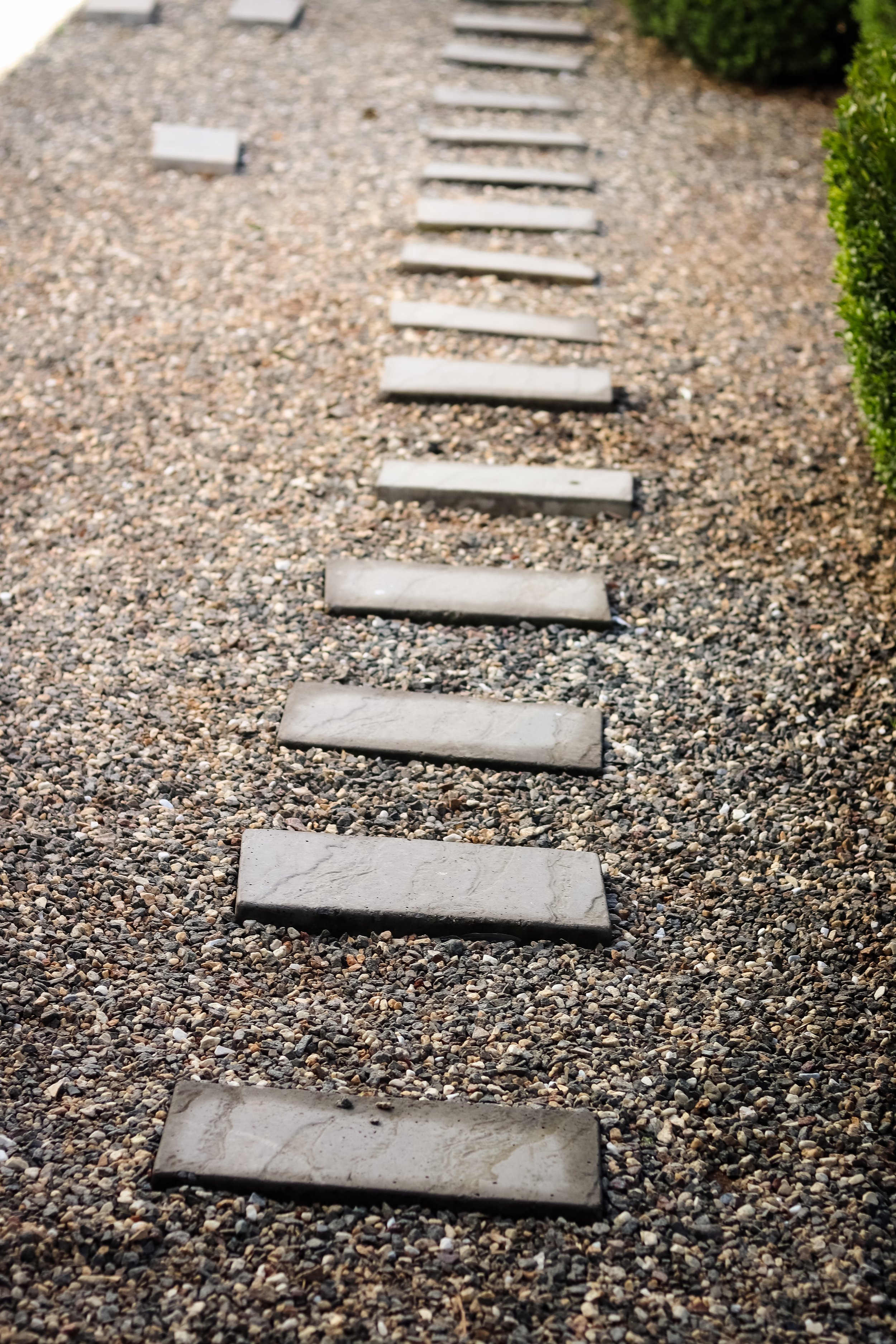 A pathway with rectangular stepping stones on a gravel surface, bordered by green bushes.