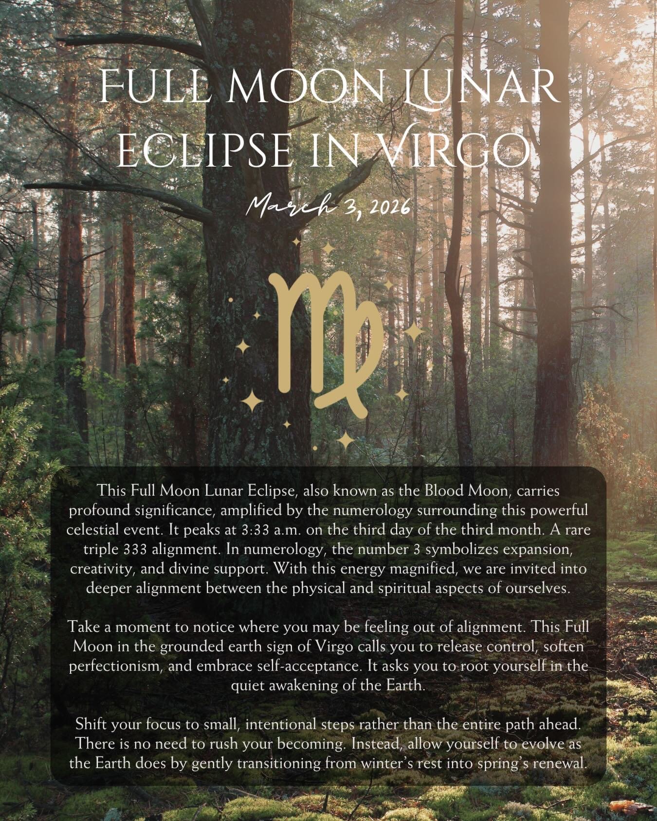 Full Moon Lunar Eclipse in Virgo ♍️🌕✨

A powerful 3:33 portal of expansion, alignment, and divine support. Release perfectionism. Ground into self-acceptance. Take the small, intentional steps and don&rsquo;t rush. Your transformation is unfolding r