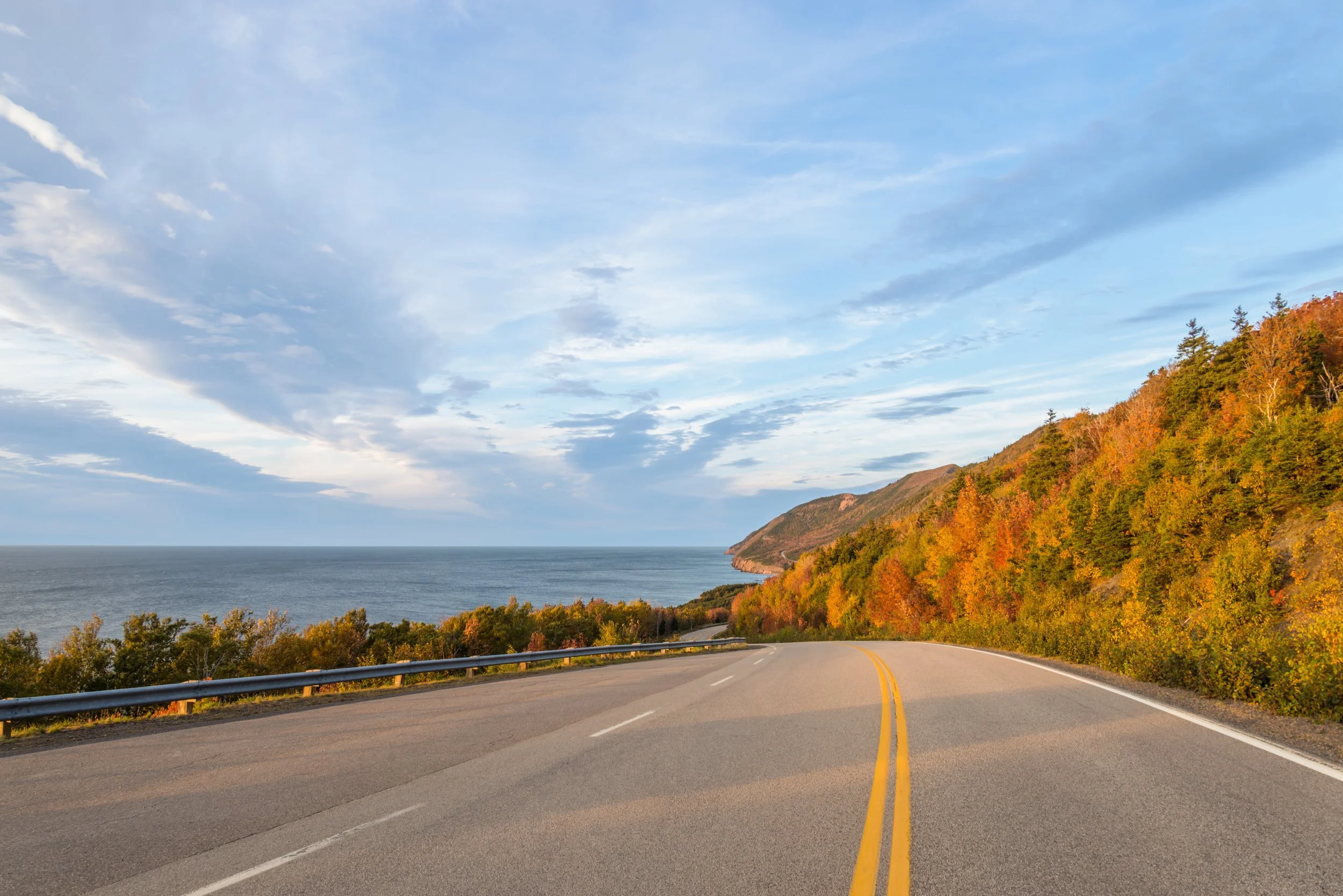 A curving coastal road lined with fences, surrounded by trees with fall foliage, leading towards the ocean and a partly cloudy blue sky.
