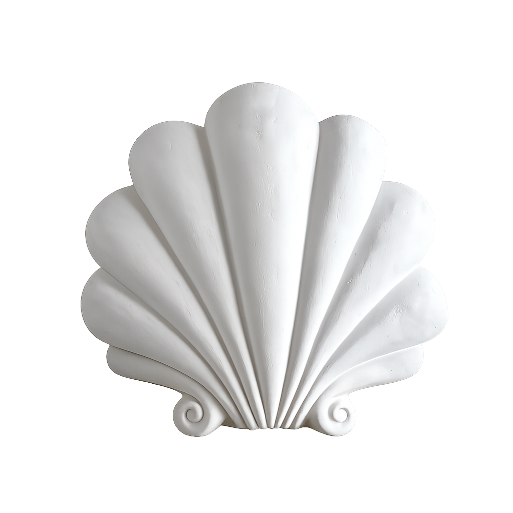 White decorative shell motif with swirling accents at the bottom