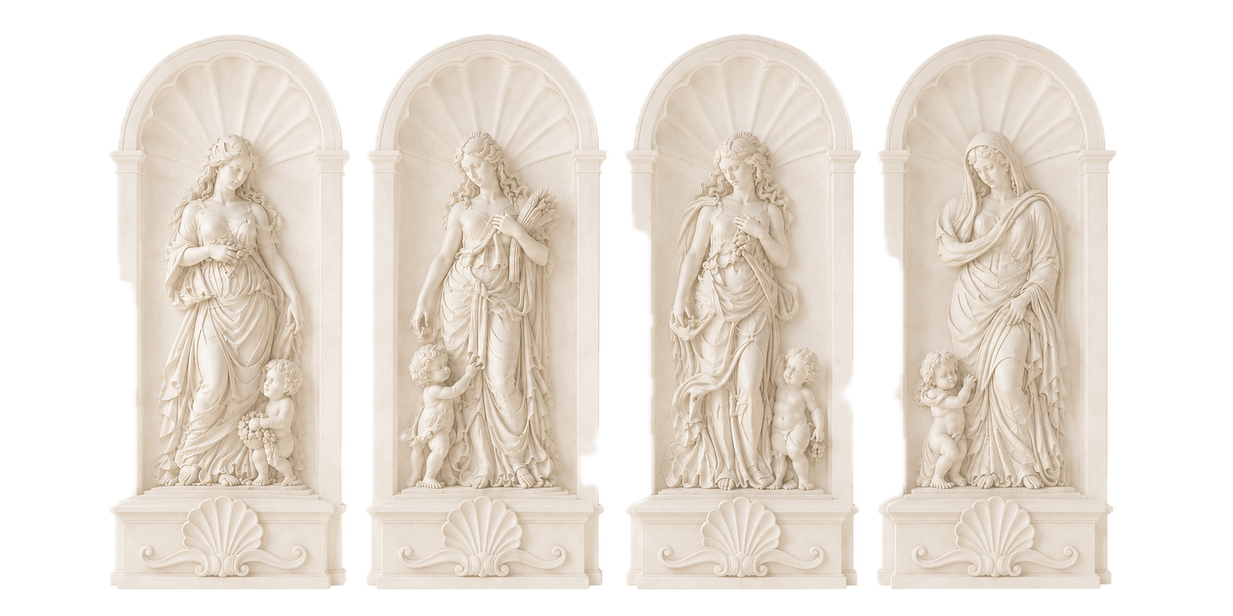 Four white marble sculptures of women with children, each set in an arched niche with decorative shell motif at the bottom.