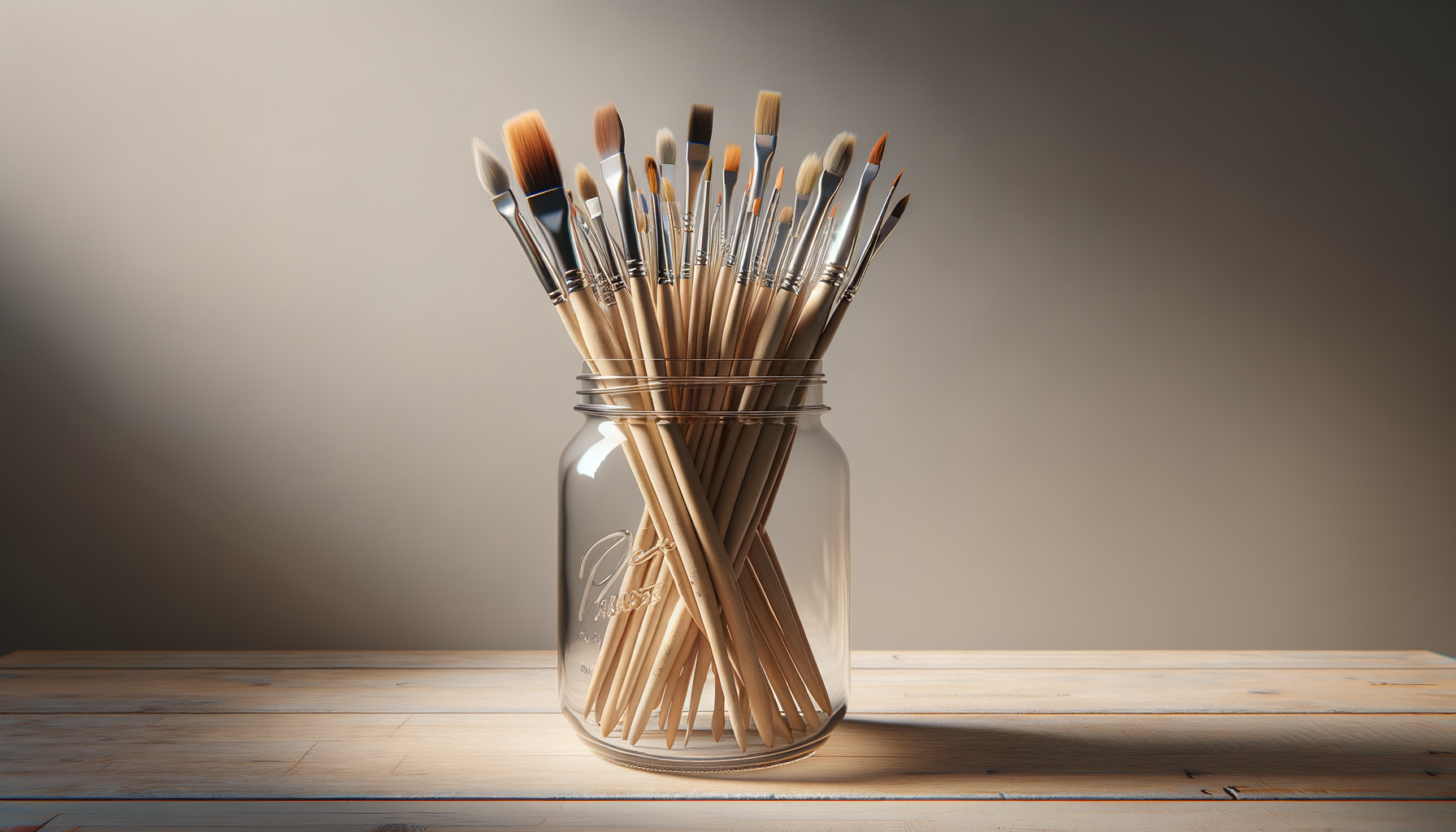 Assorted paintbrushes in a glass jar on a wooden surface against a neutral background.