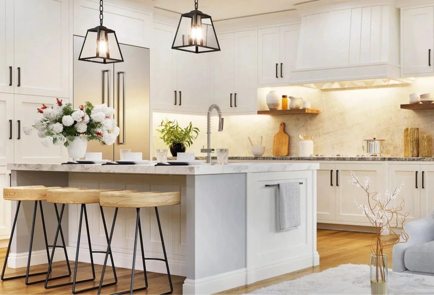 Modern kitchen with freshly painted white cabinets. Existing cabinets have been refinished, enhancing the beautiful marble countertop island, wooden bar stools, plants, and decorative items.