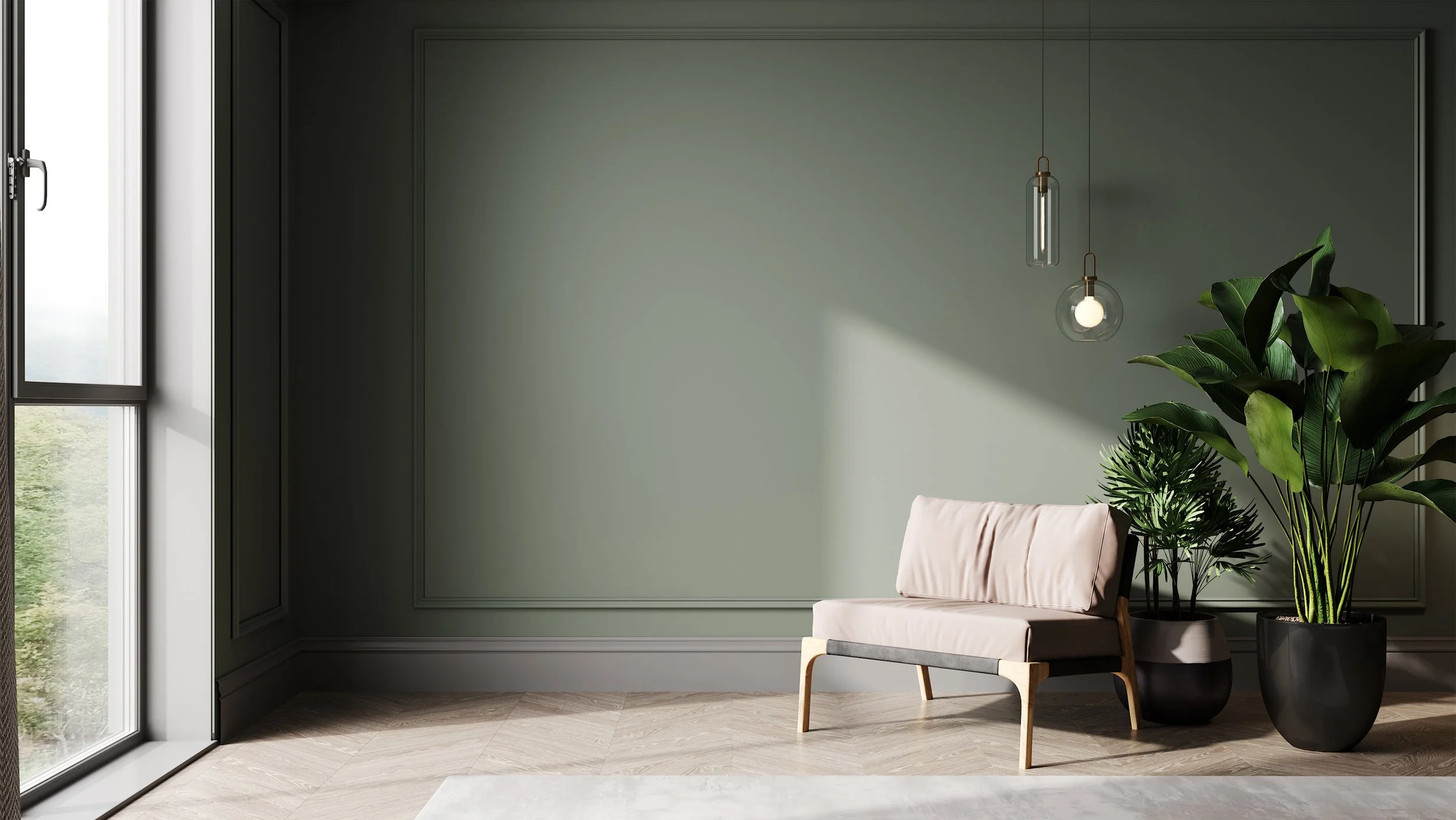 Interior of a modern room with a large window, green wall, hanging pendant lights, beige sofa, and potted plants.