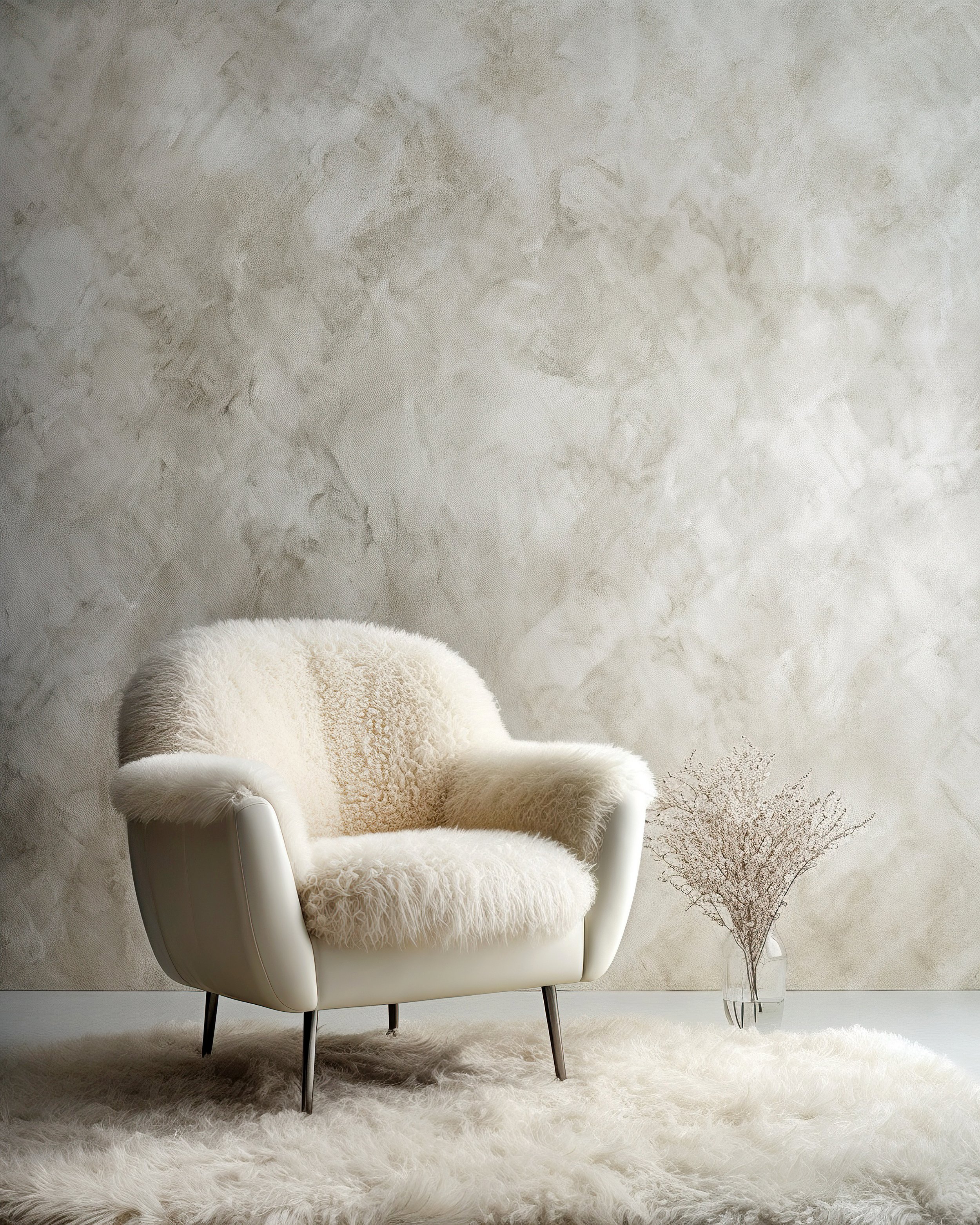 Venetian plaster walls with a white armchair with a fluffy cream throw blanket on a plush white rug.
