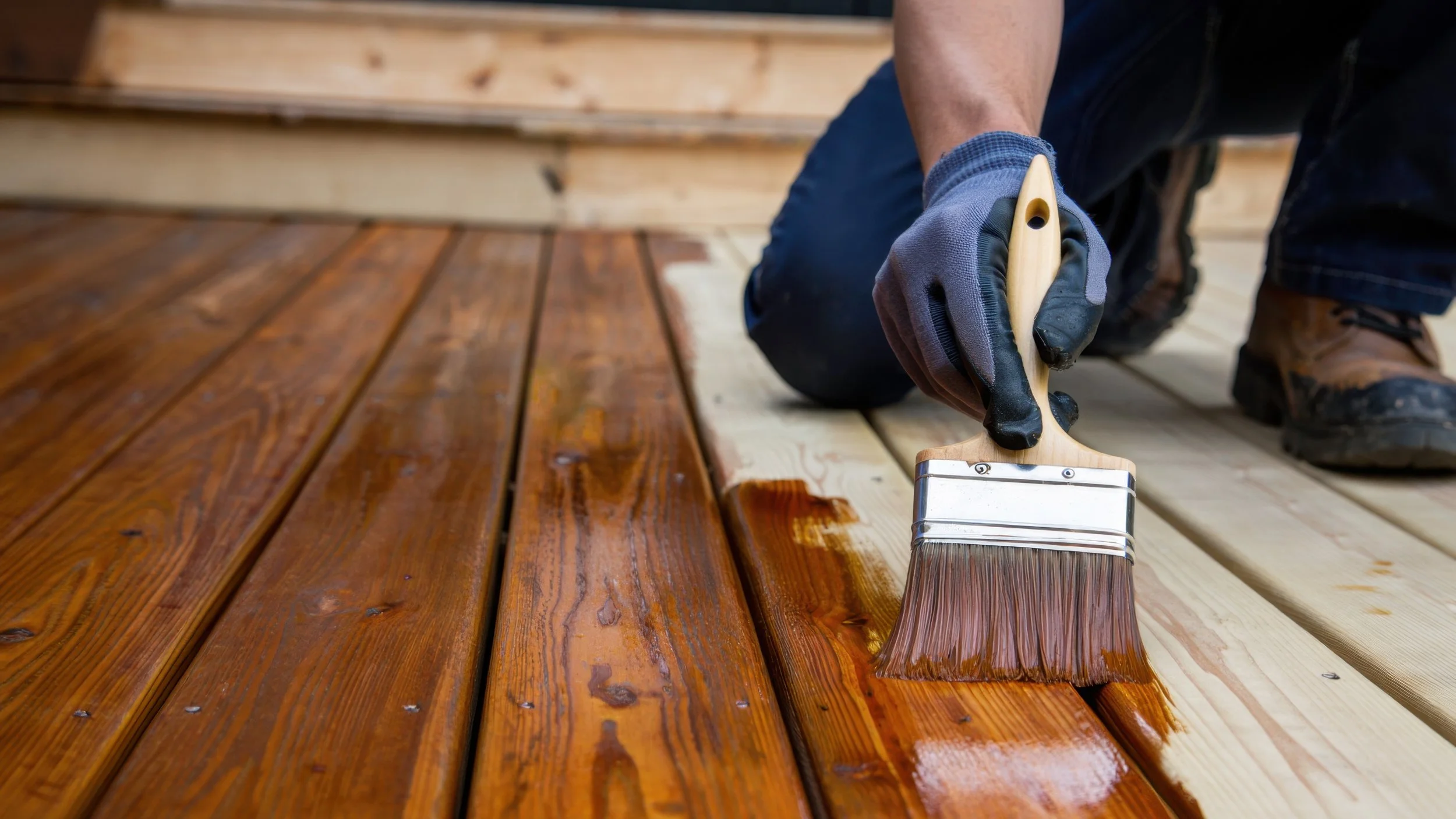 Person applying a wood stain with a paintbrush to wooden floorboards.