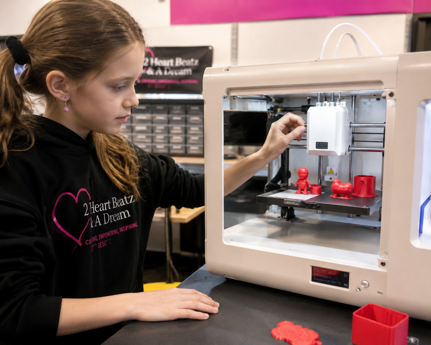 A young girl with red hair in a ponytail operates a 3D printer in a workshop. The printer is printing small red figurines. The girl wears a black hoodie with pink text and a heart logo that says '2 Heart Beatz A Dream'. There are various tools and storage bins in the background.