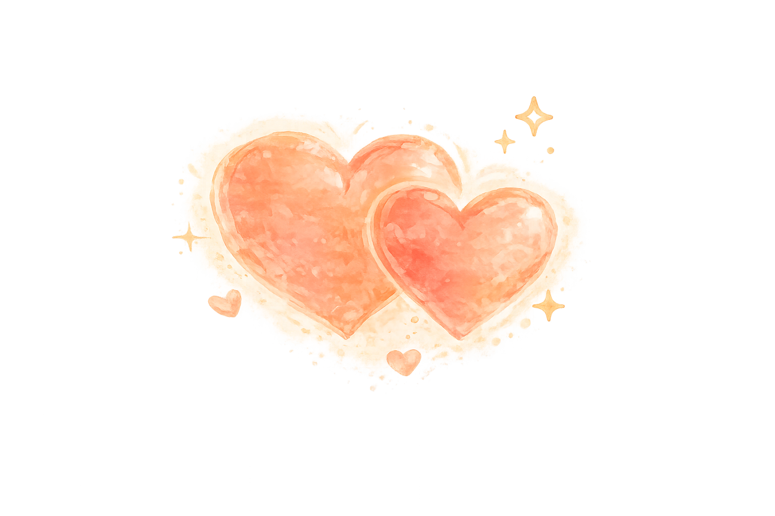 Watercolor illustration of two pink hearts with smaller hearts and sparkles around them.