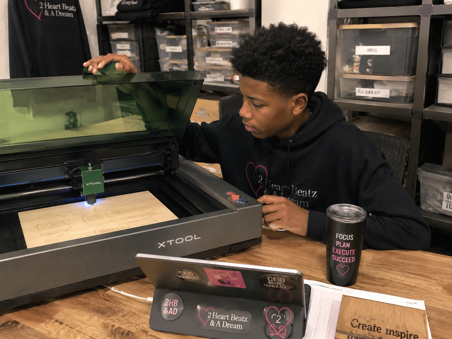 A young man operating a laser cutting machine at a workspace, with storage shelves and labeled boxes in the background, a tumbler with motivational words on the table, and a sign that reads 'Create Inspire'.